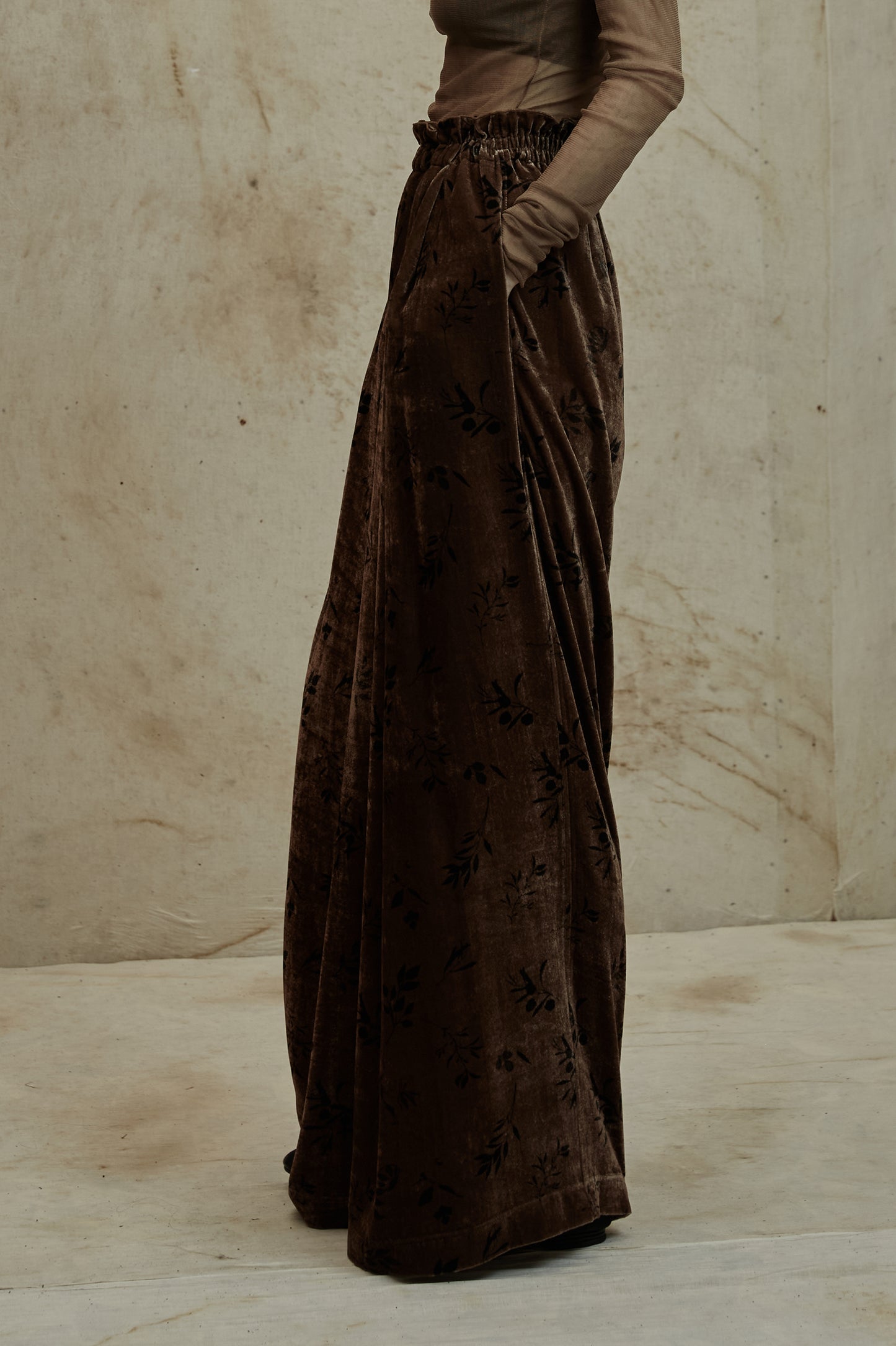 Plant Dyed Silk Velvet Printed Loose Wide Leg Pants