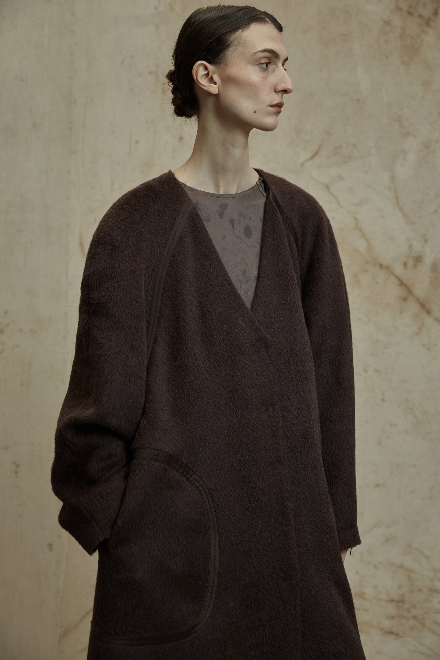 Alpaca Wool Round Shoulder Design Silk Patchwork Long Coat