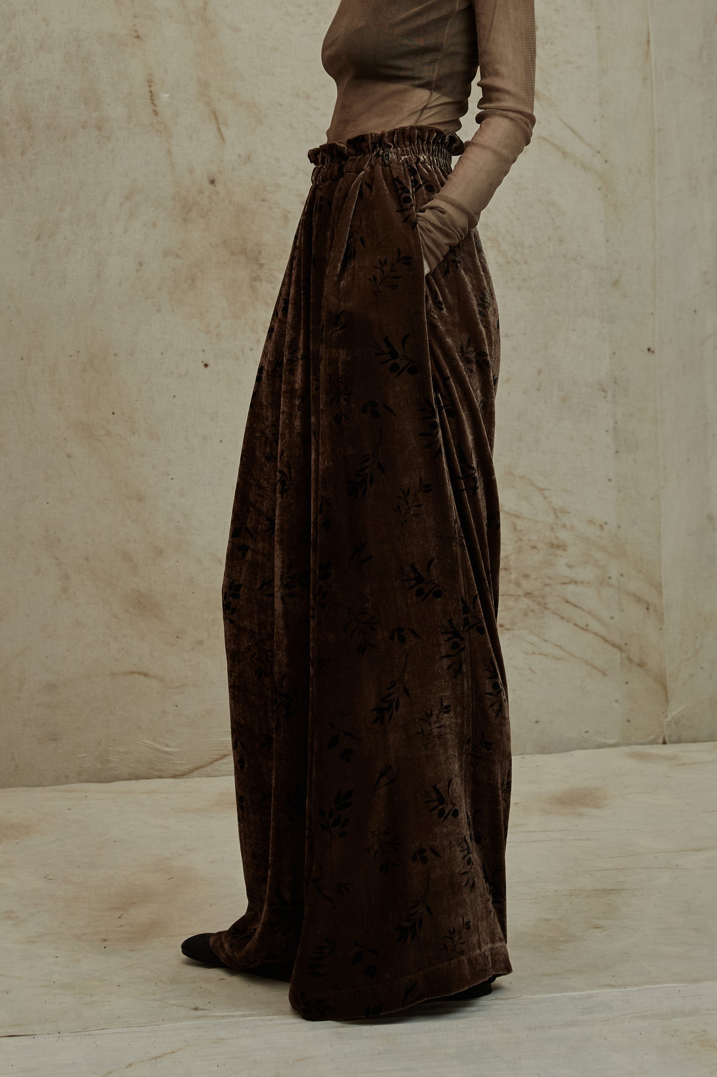 Plant Dyed Silk Velvet Printed Loose Wide Leg Pants