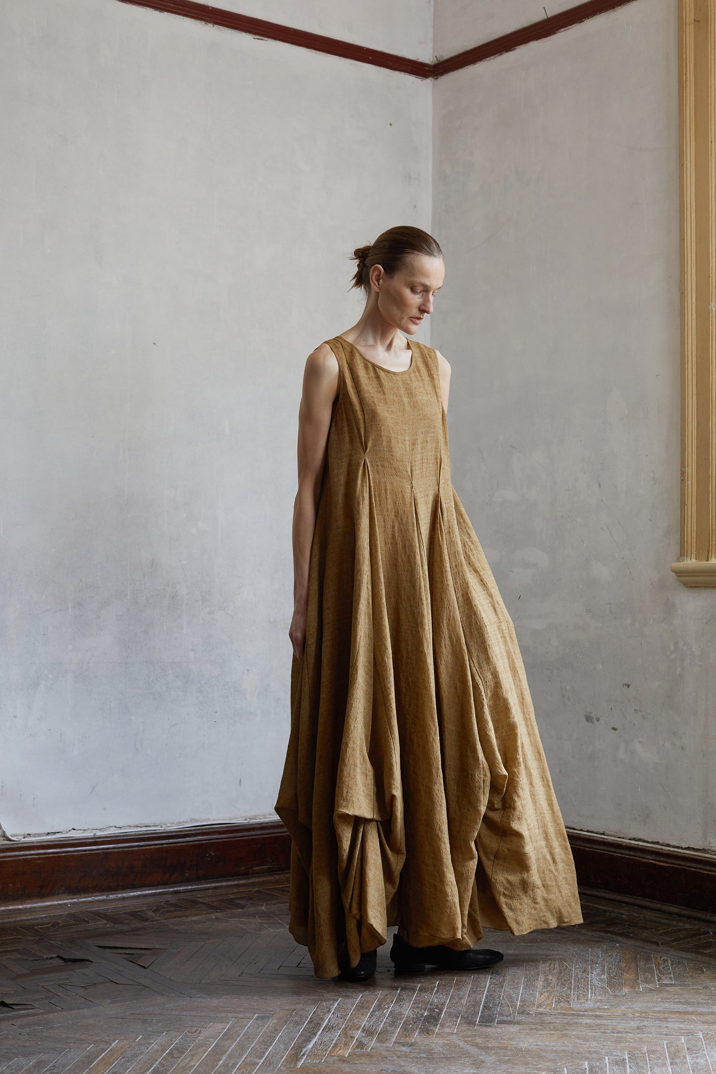 Dark Linen Multi Layered Dress with Large Hemline