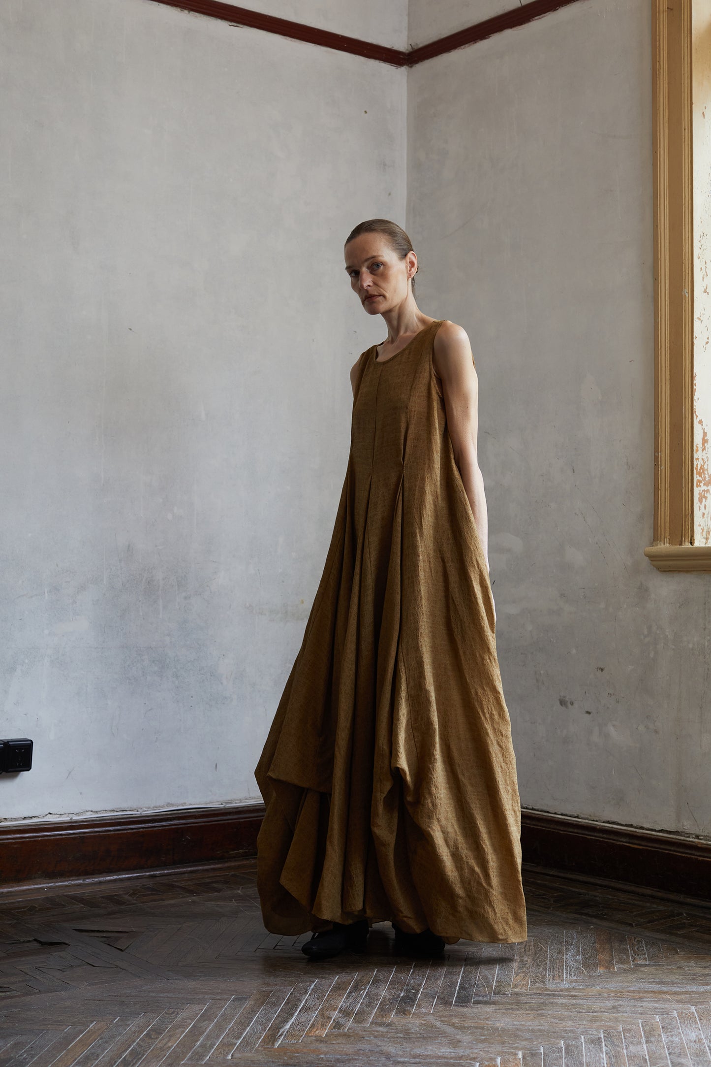 Dark Linen Multi Layered Dress with Large Hemline