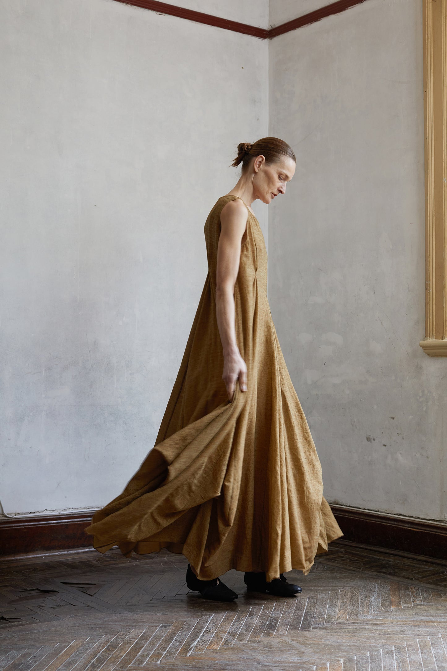 Dark Linen Multi Layered Dress with Large Hemline