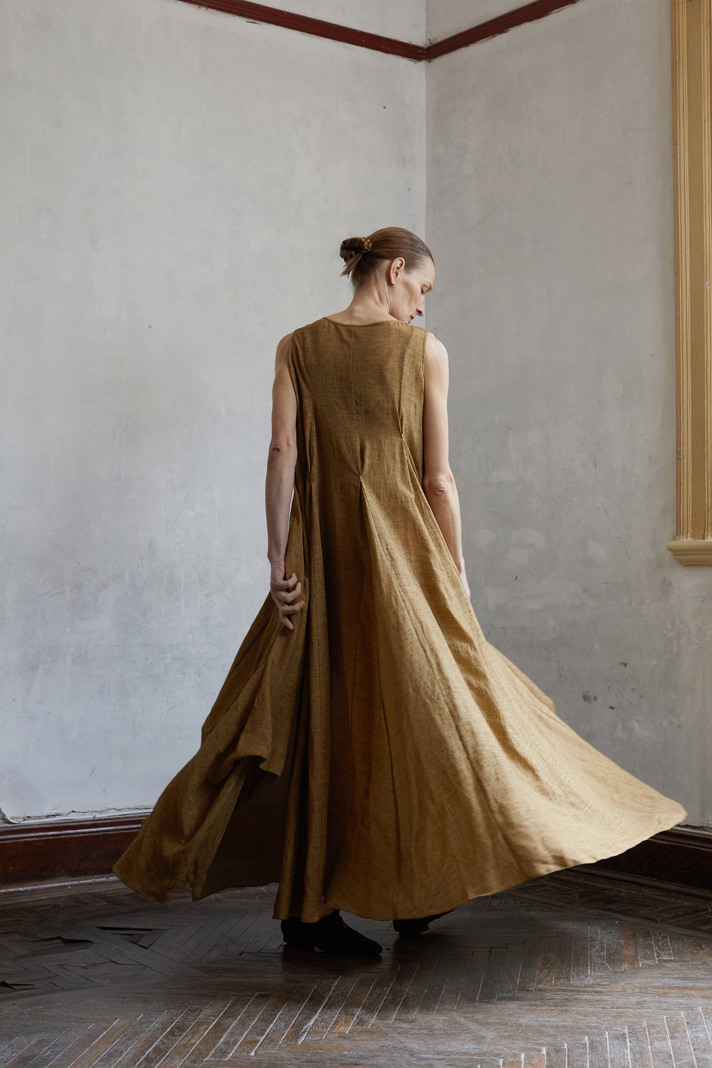 Dark Linen Multi Layered Dress with Large Hemline