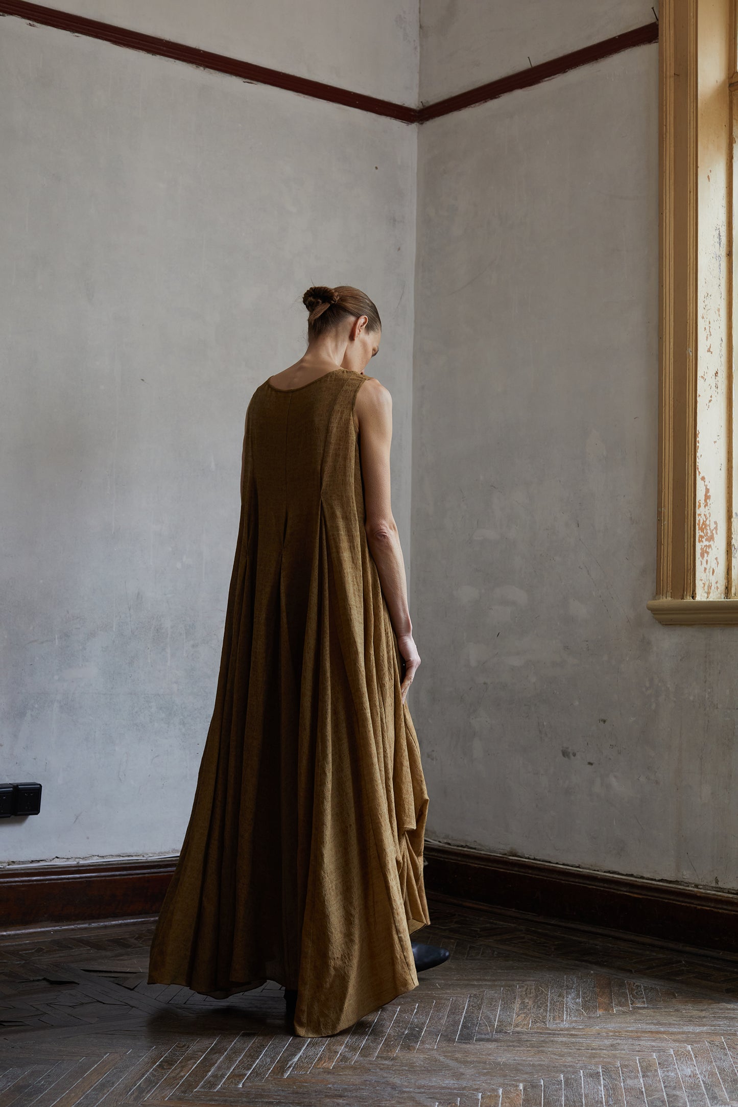 Dark Linen Multi Layered Dress with Large Hemline