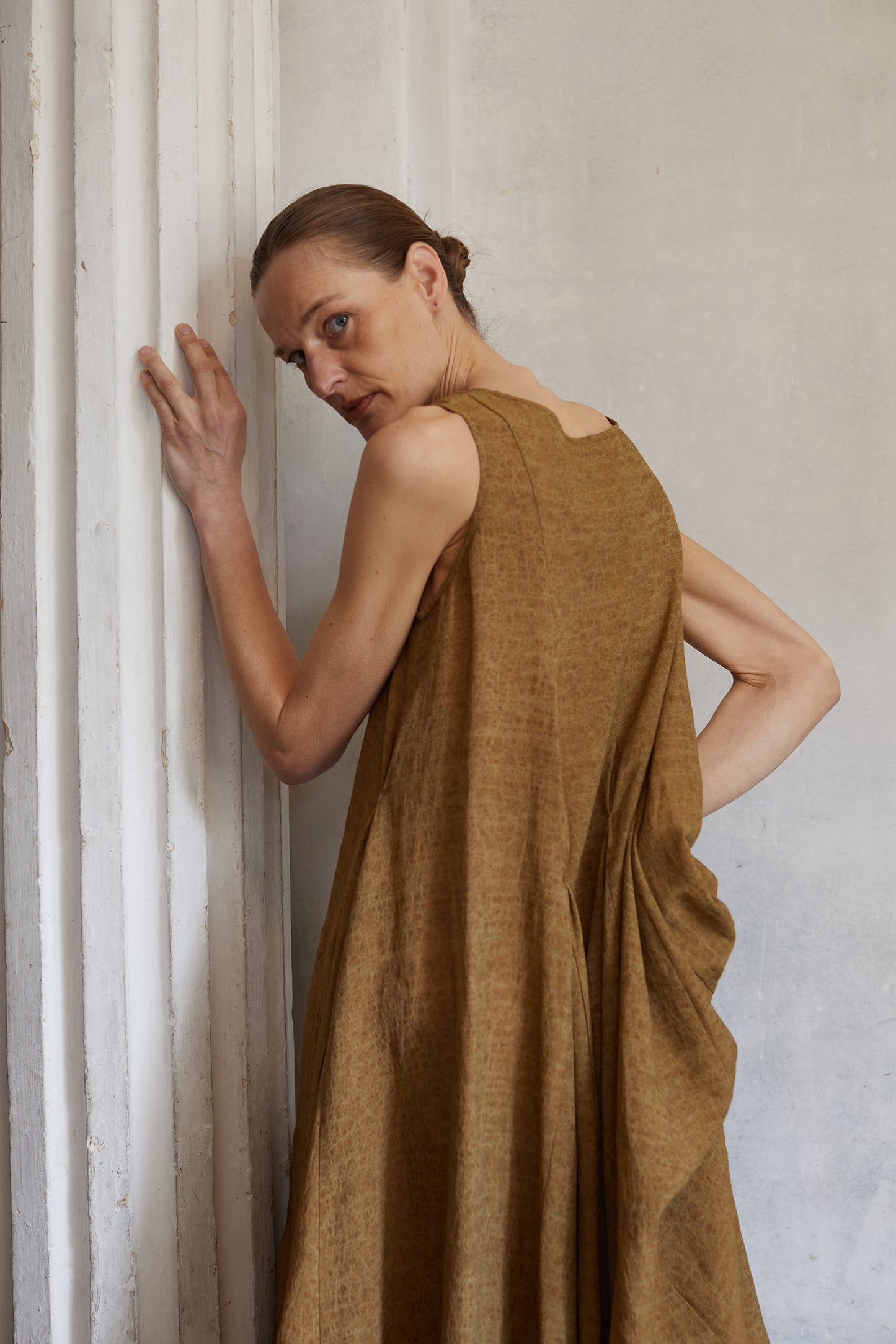 Dark Linen Multi Layered Dress with Large Hemline