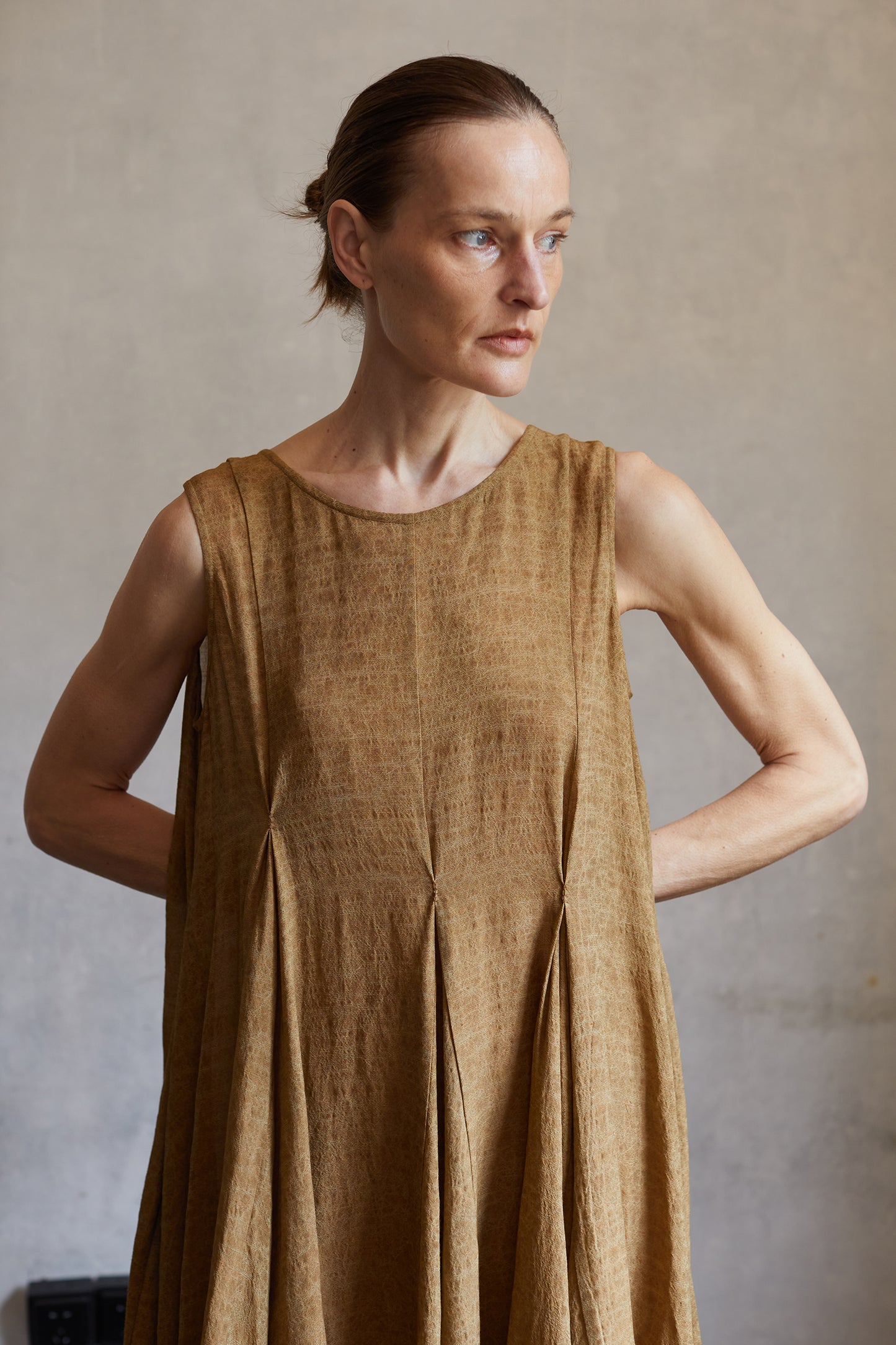 Dark Linen Multi Layered Dress with Large Hemline
