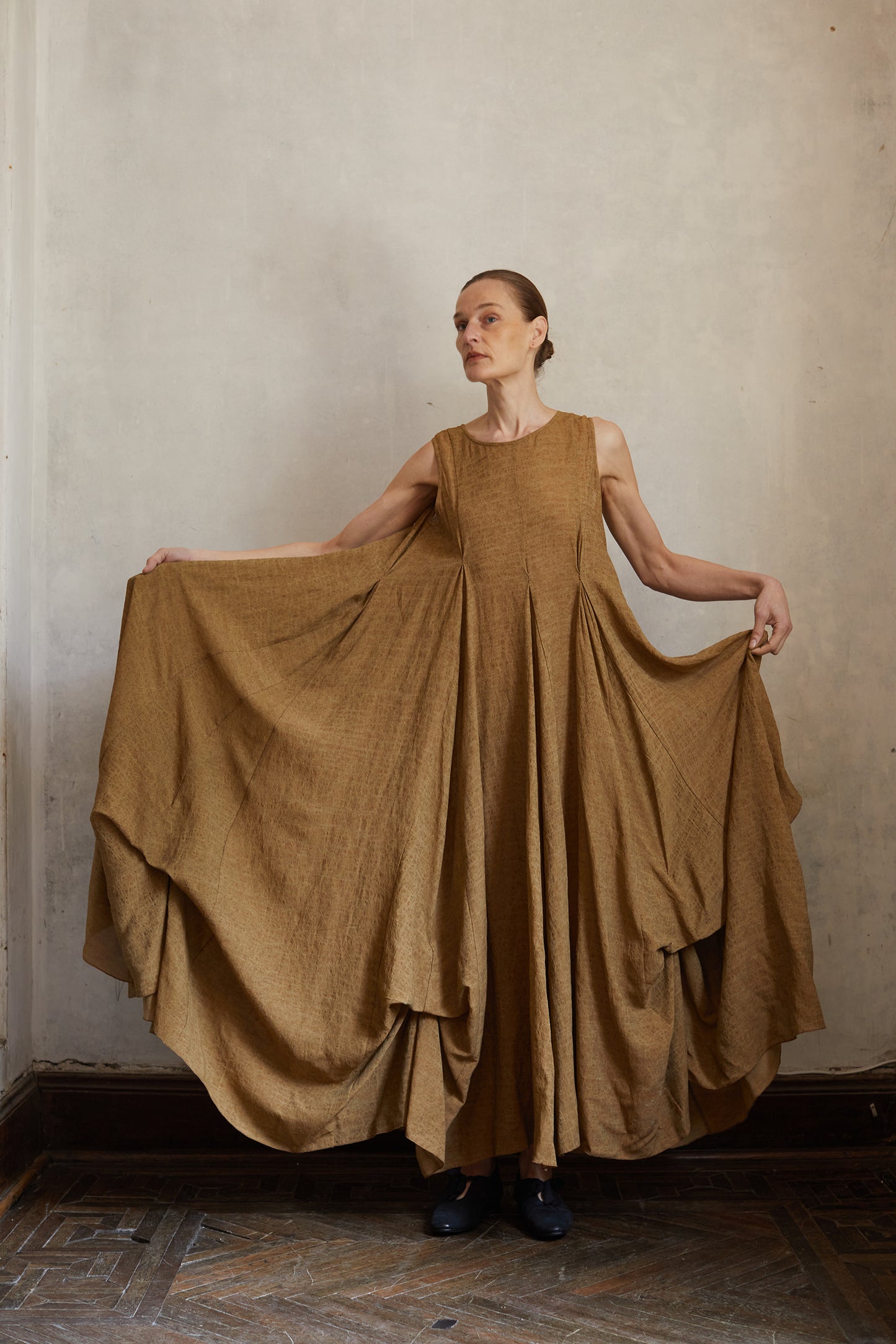 Dark Linen Multi Layered Dress with Large Hemline