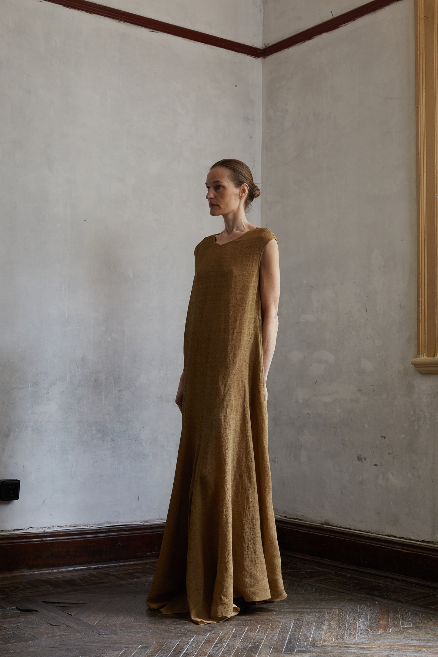 Linen Golden Brown Classical Textured Long Dress