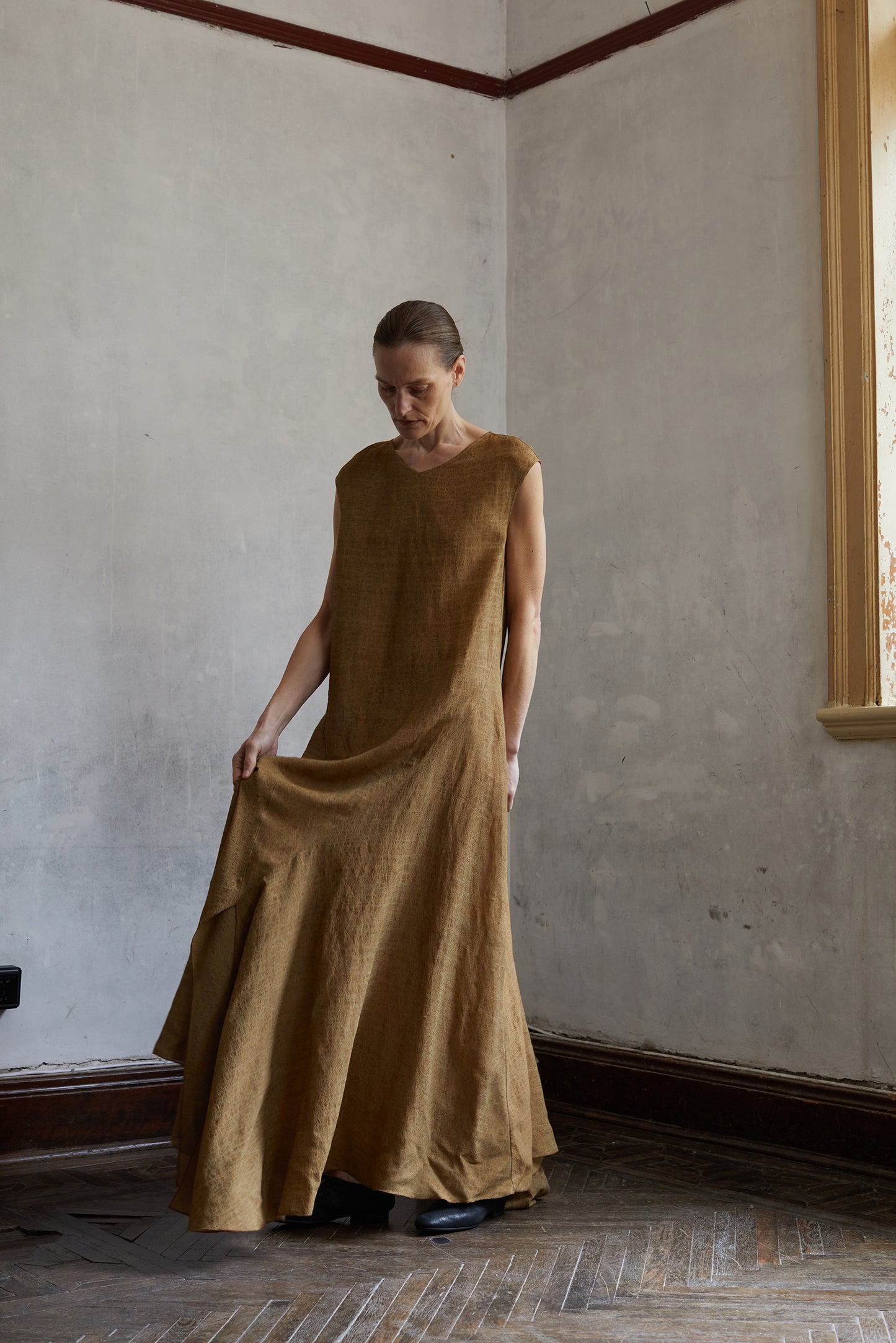 Linen Golden Brown Classical Textured Long Dress