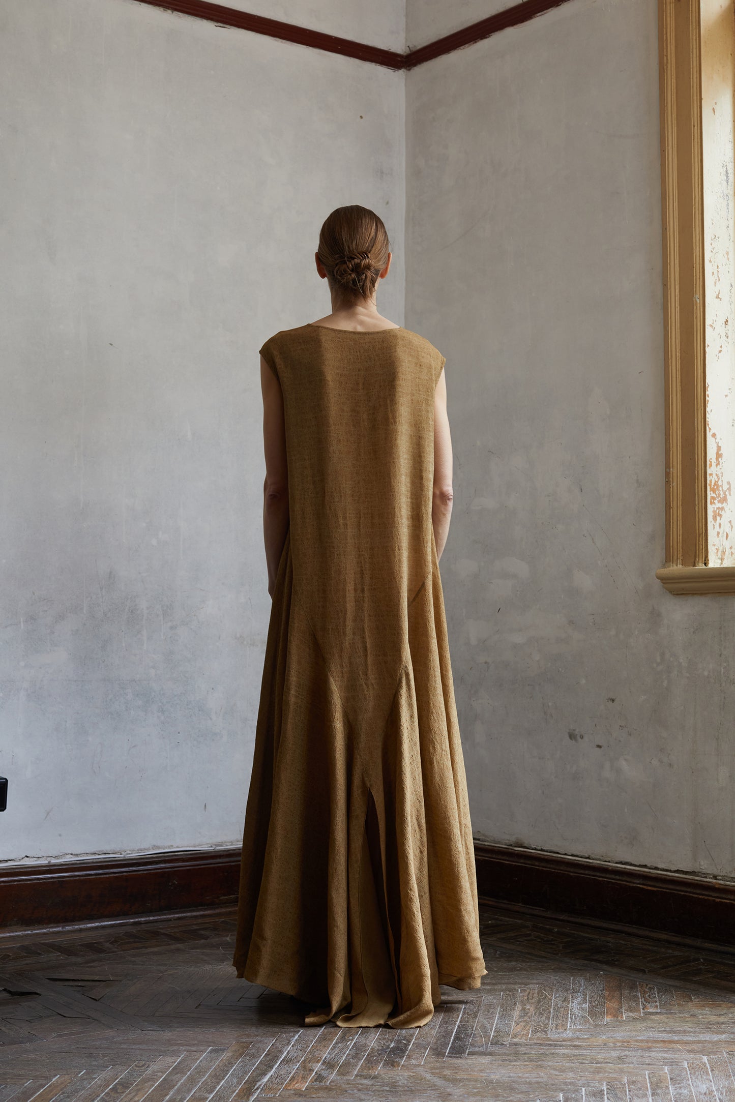 Linen Golden Brown Classical Textured Long Dress