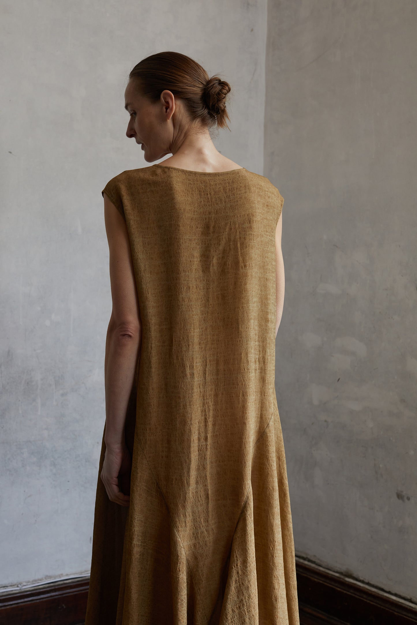 Linen Golden Brown Classical Textured Long Dress