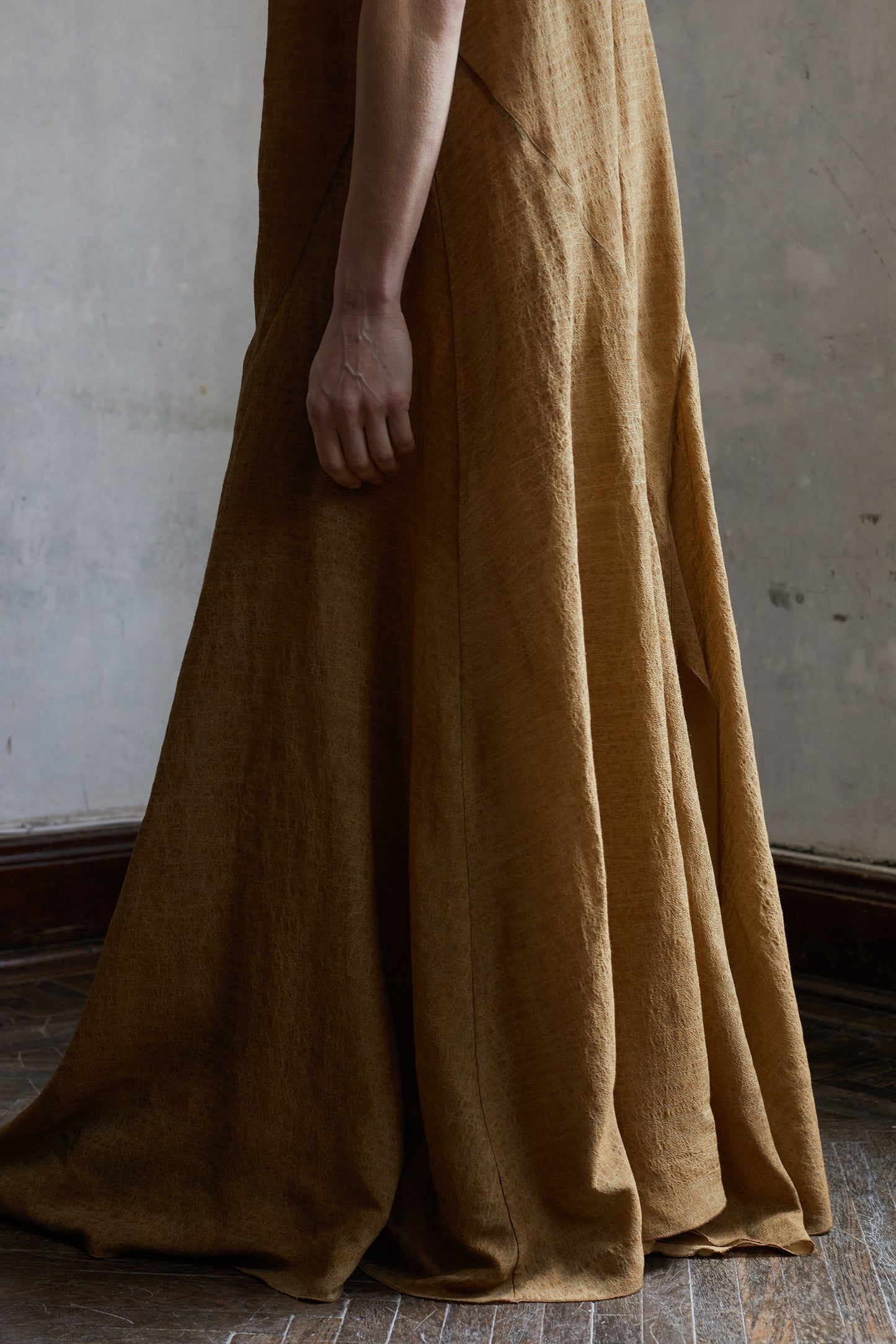 Linen Golden Brown Classical Textured Long Dress