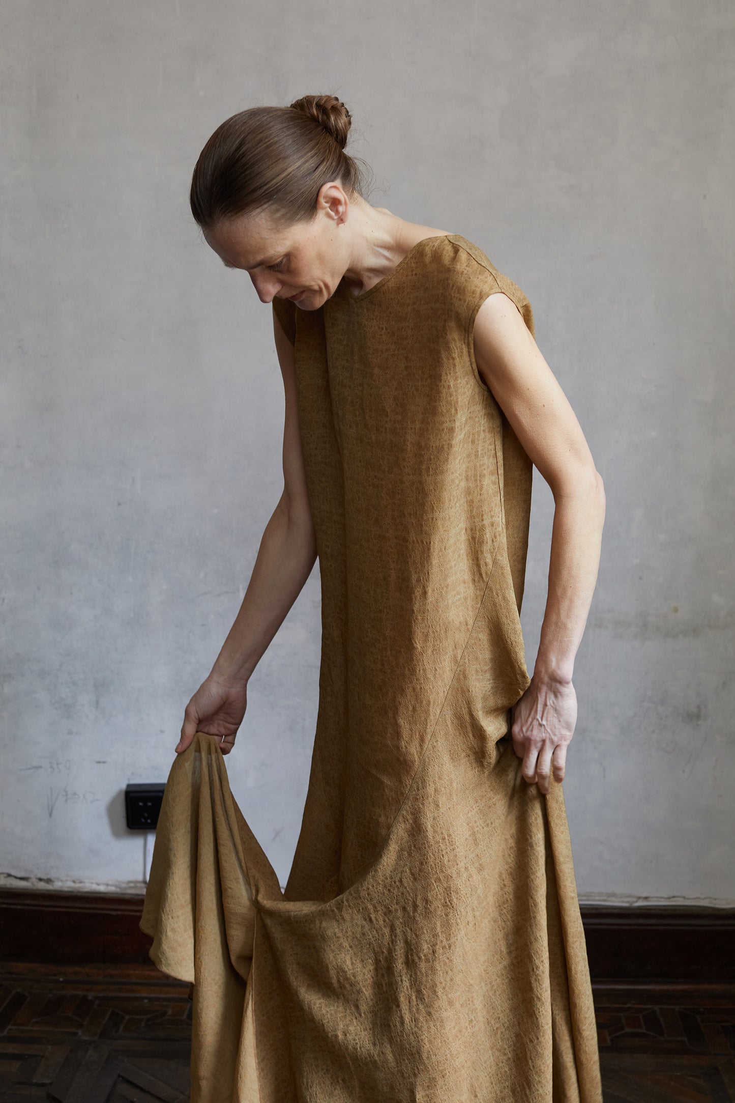 Linen Golden Brown Classical Textured Long Dress