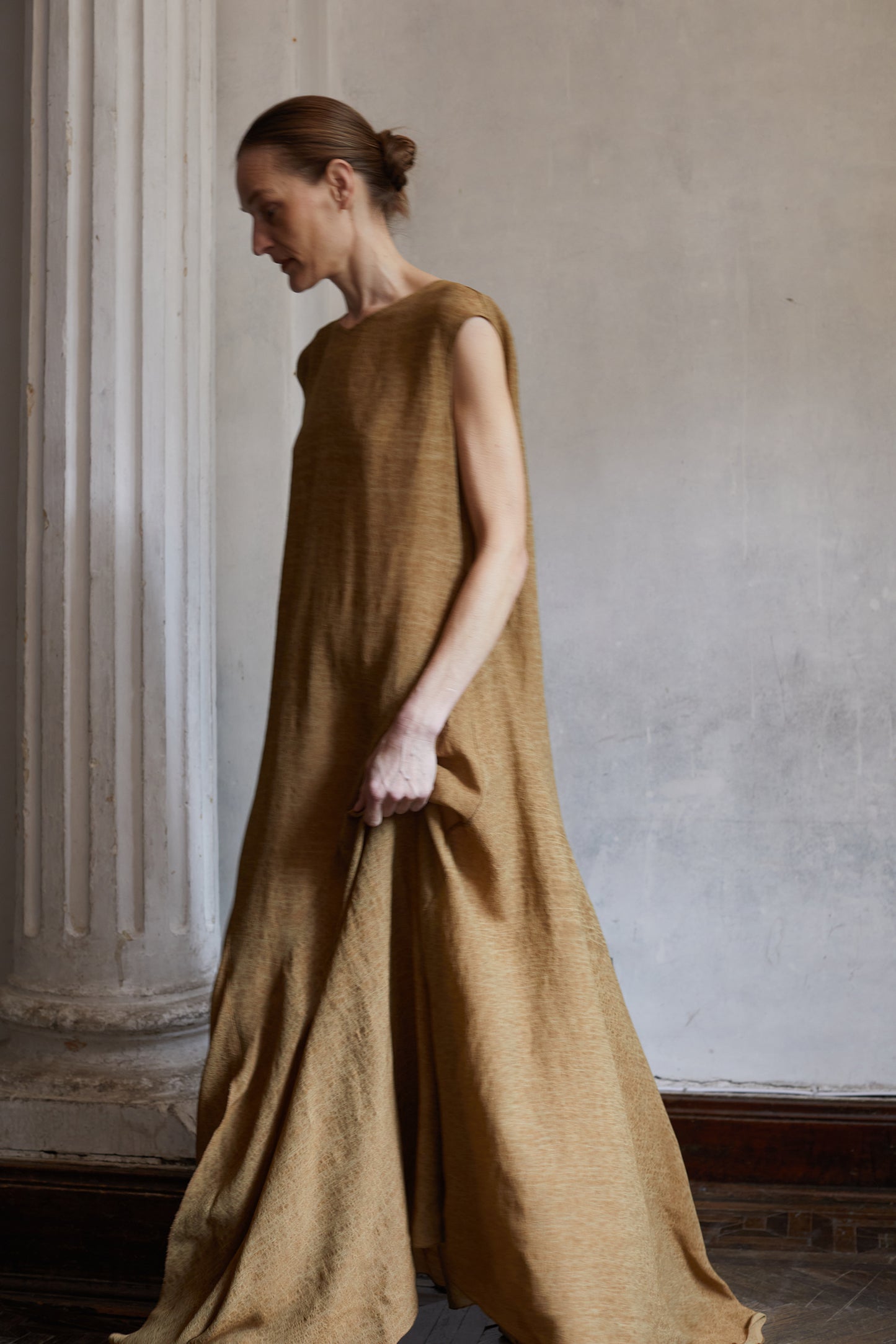 Linen Golden Brown Classical Textured Long Dress