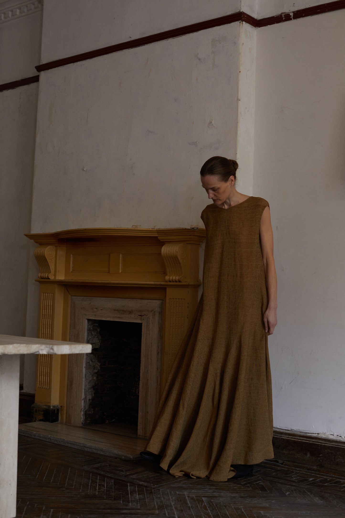Linen Golden Brown Classical Textured Long Dress