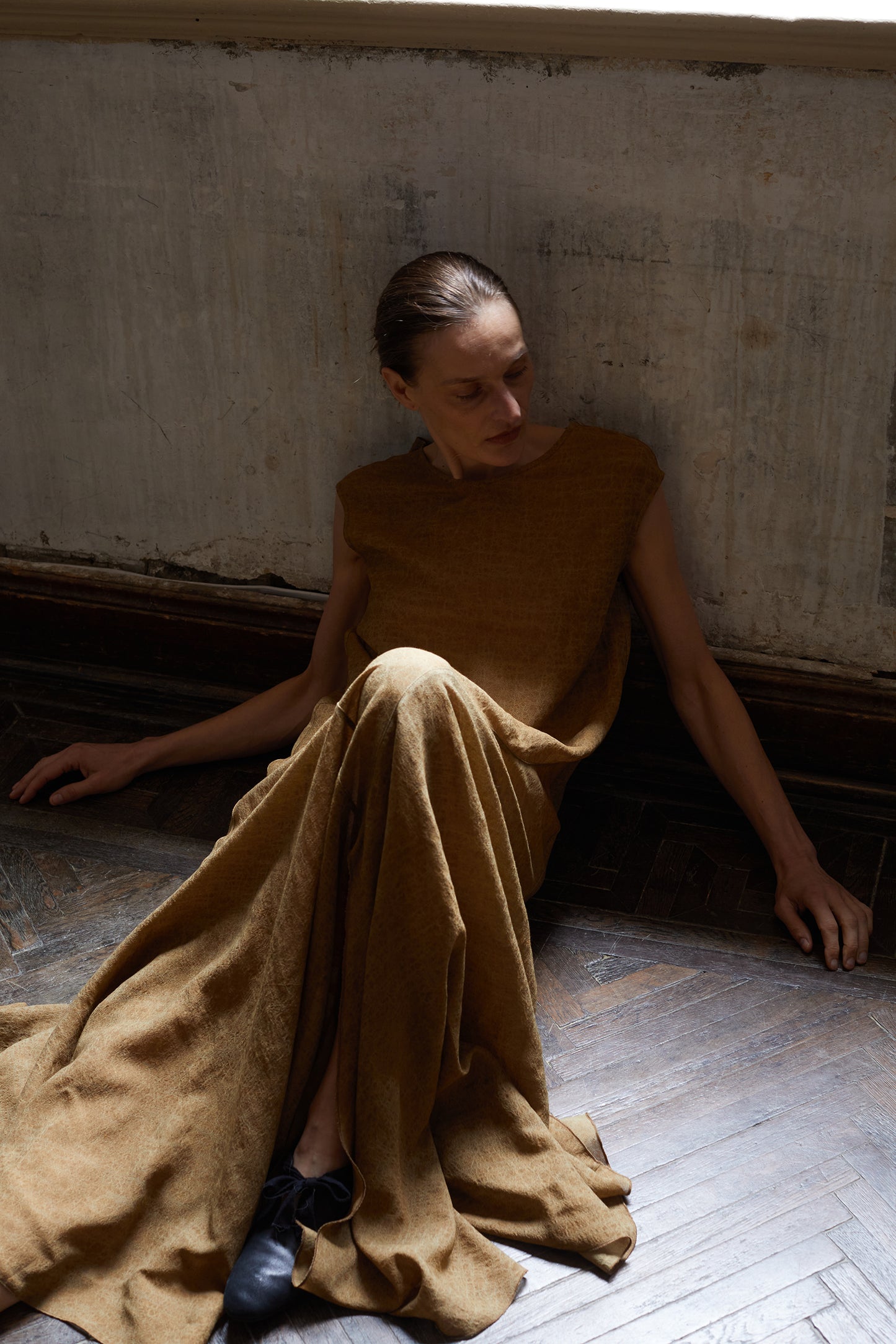 Linen Golden Brown Classical Textured Long Dress
