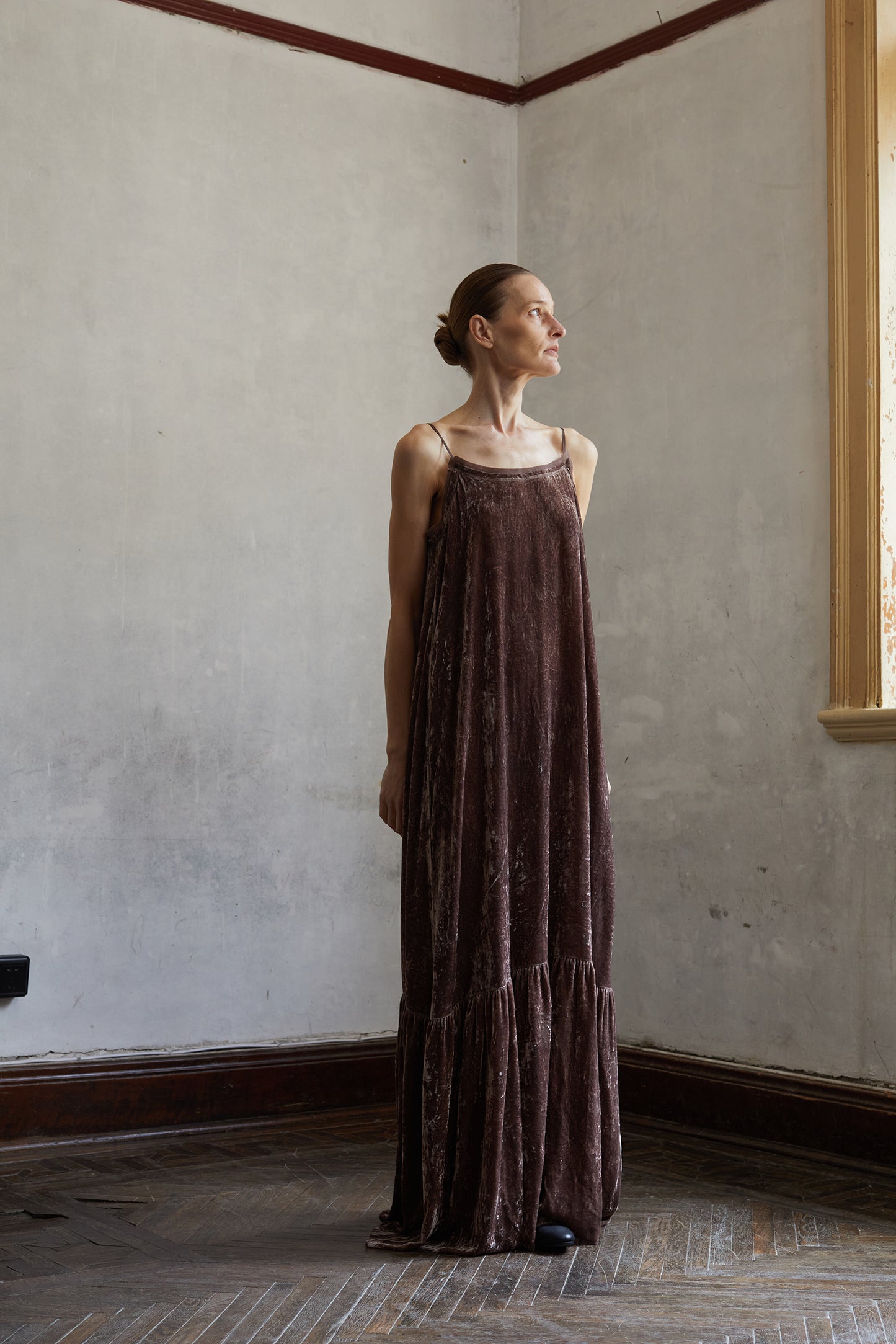 Botanically dyed mulberry silk, velour, camisole dress.