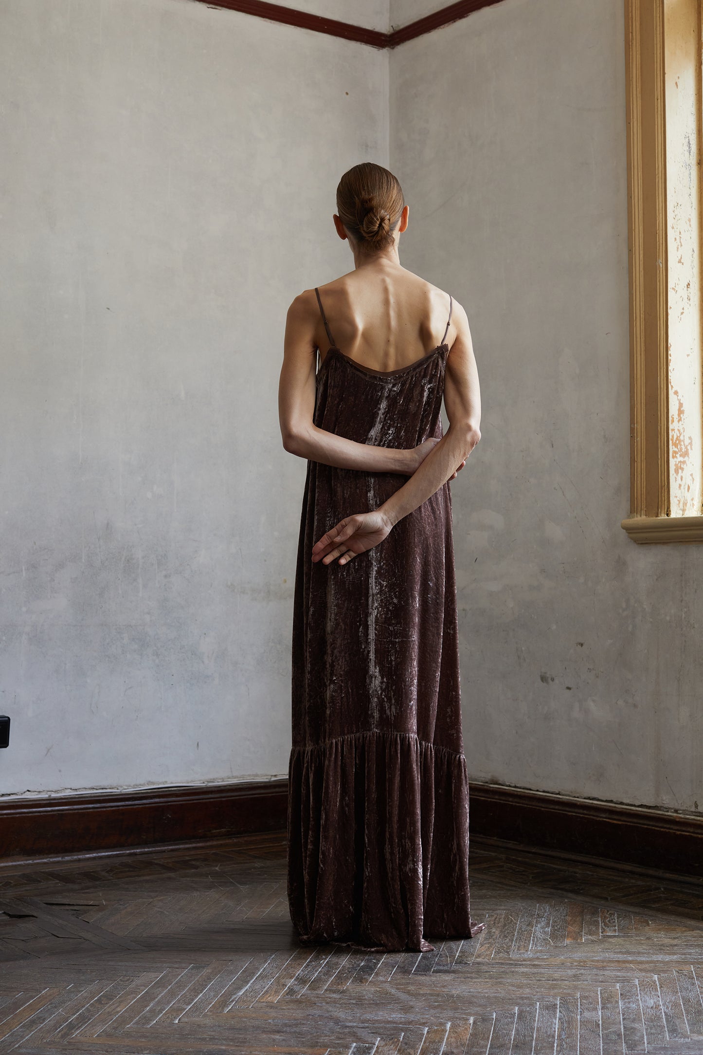 Botanically dyed mulberry silk, velour, camisole dress.