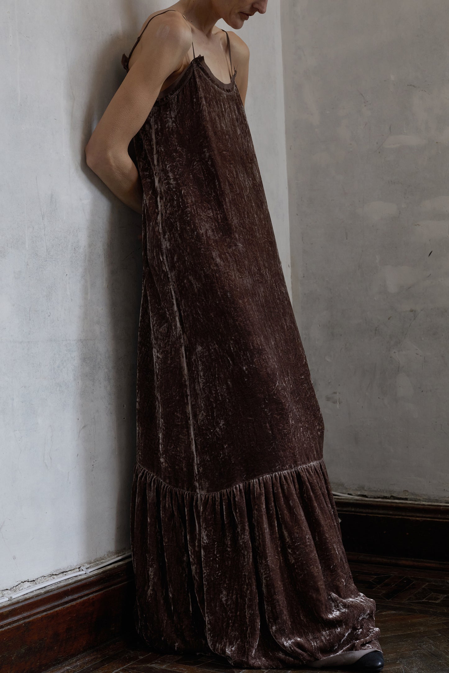Botanically dyed mulberry silk, velour, camisole dress.