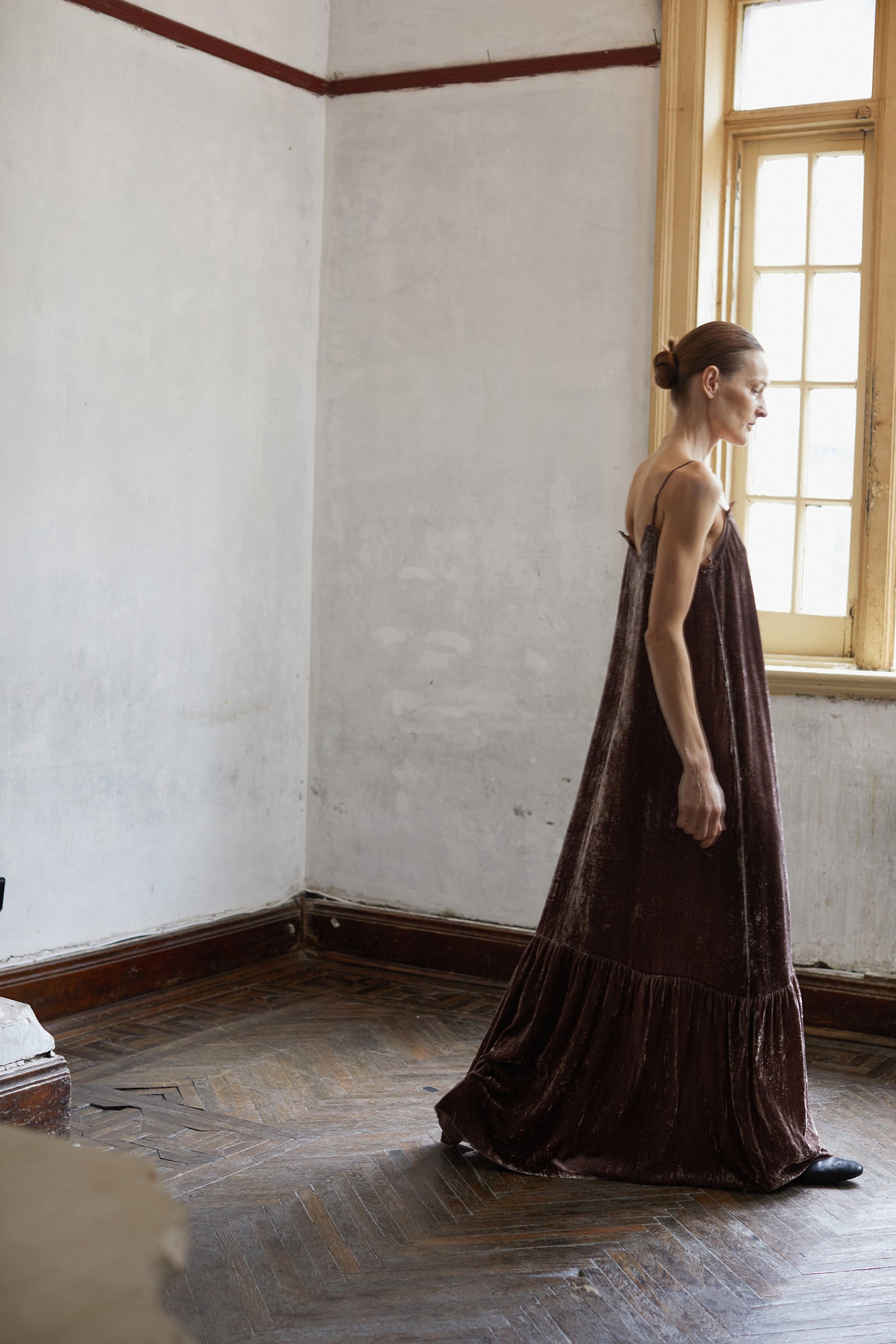 Botanically dyed mulberry silk, velour, camisole dress.