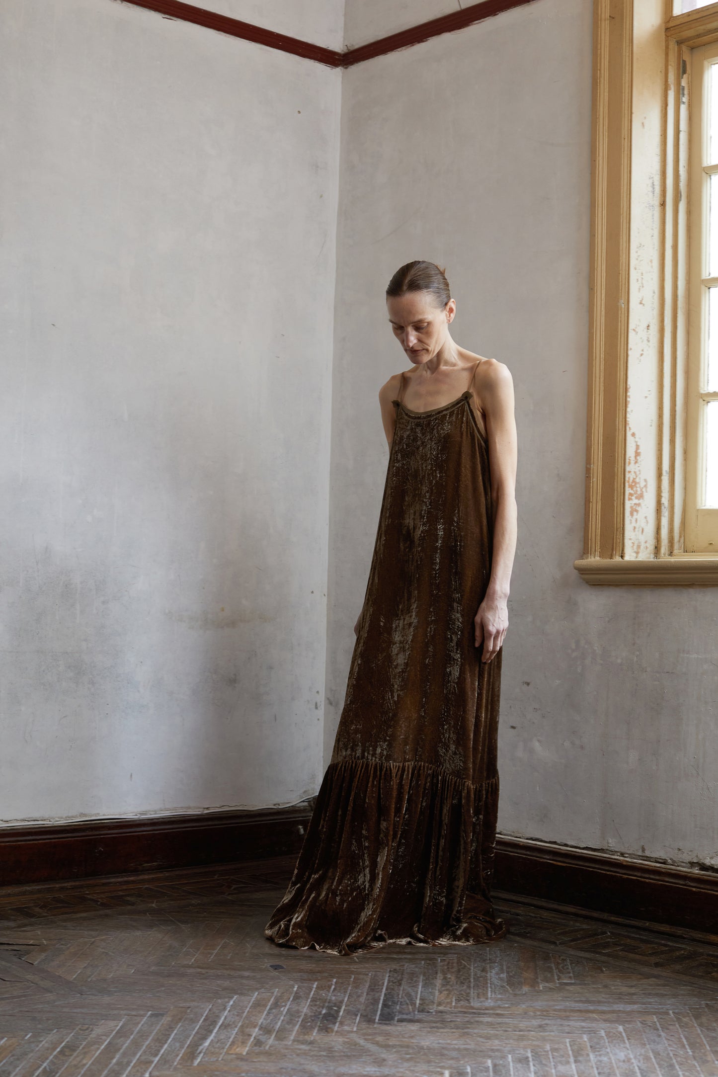 Botanically dyed mulberry silk, velour, camisole dress.