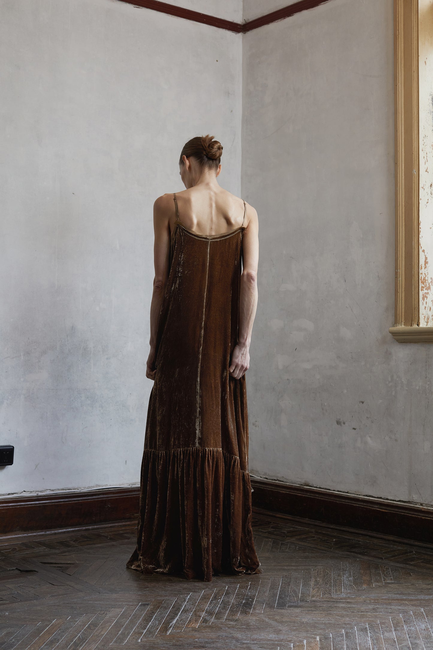 Botanically dyed mulberry silk, velour, camisole dress.