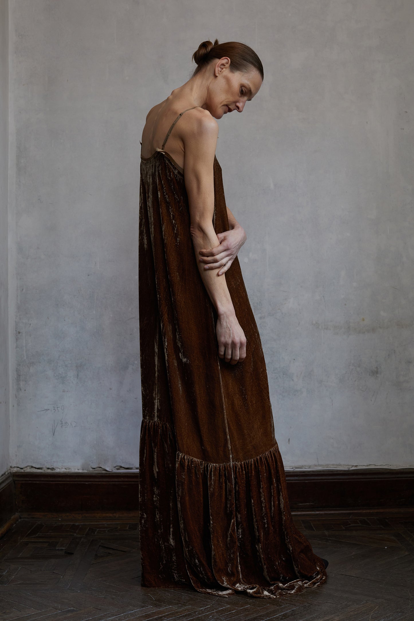 Botanically dyed mulberry silk, velour, camisole dress.