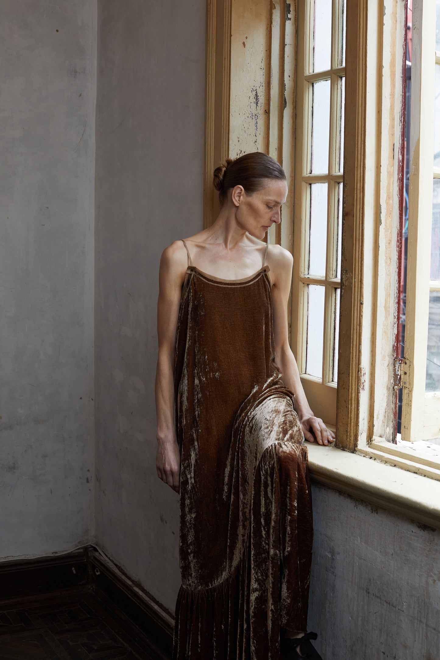 Botanically dyed mulberry silk, velour, camisole dress.