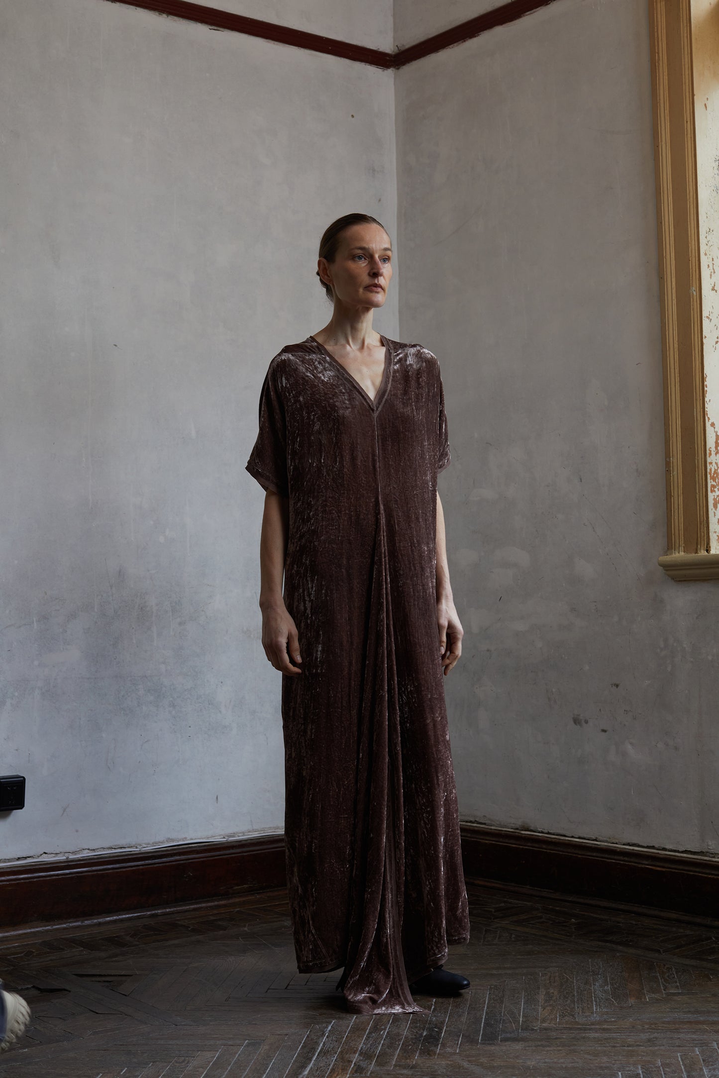 Botanically dyed mulberry silk velour V-neck structured ruffle dress