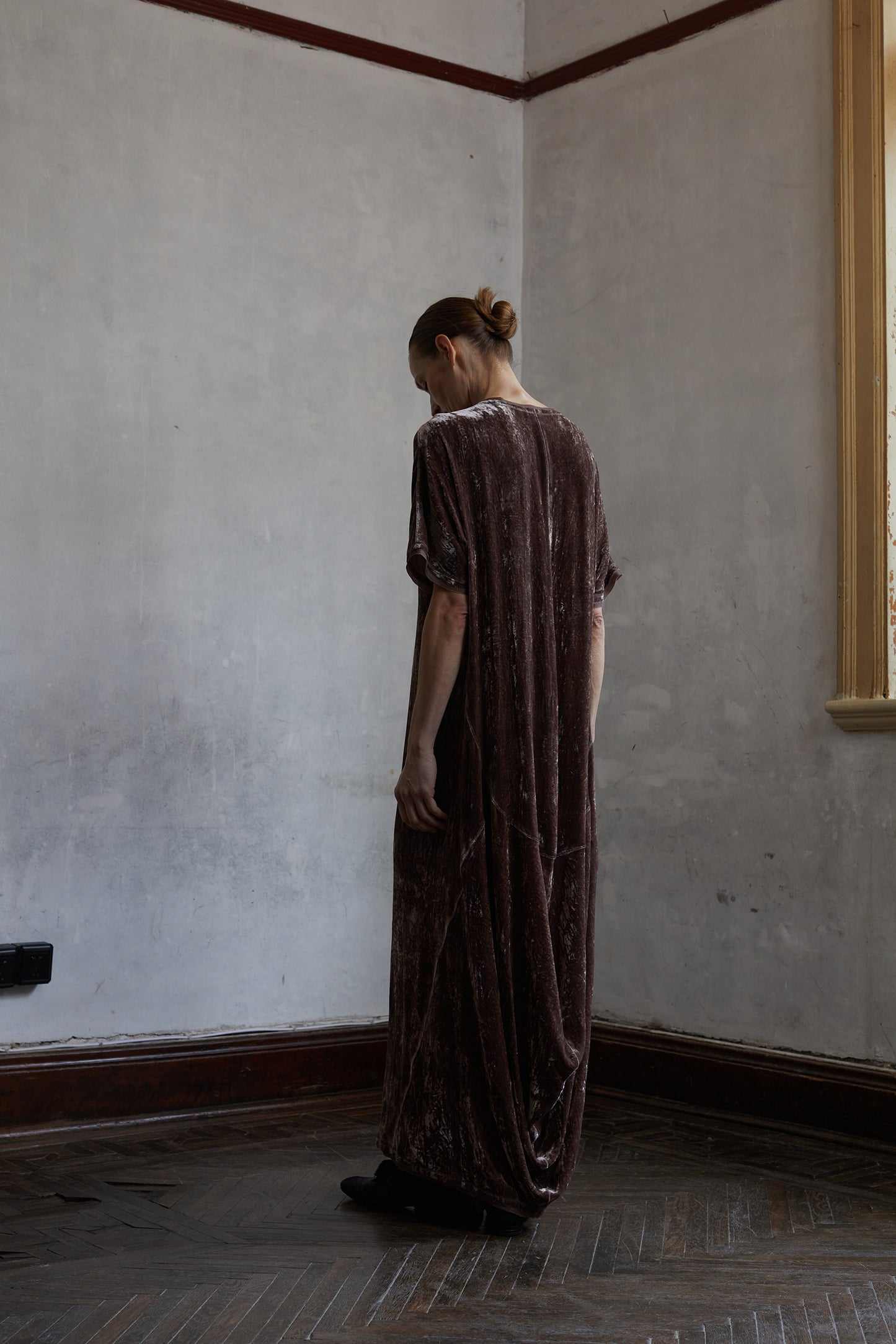 Botanically dyed mulberry silk velour V-neck structured ruffle dress