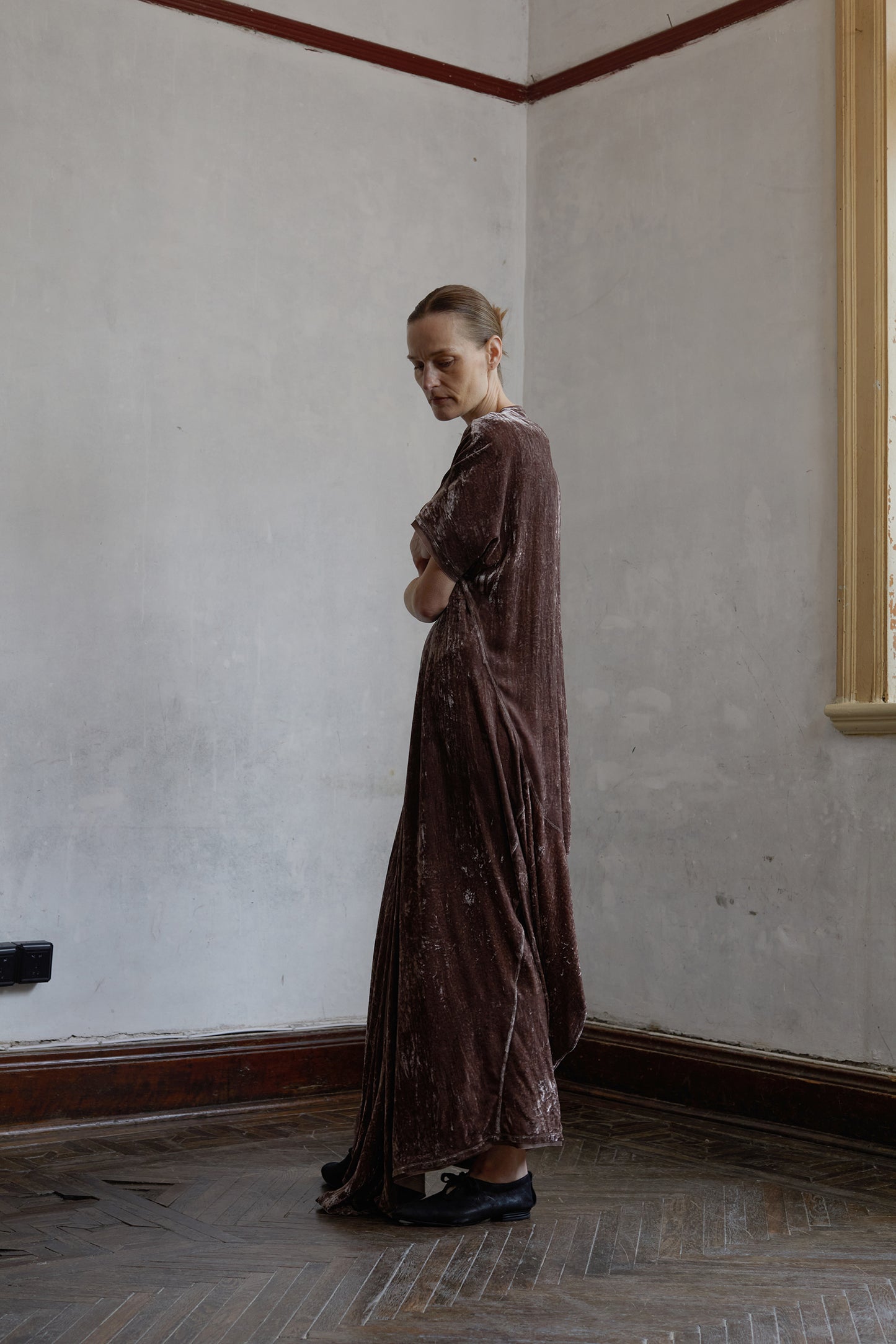 Botanically dyed mulberry silk velour V-neck structured ruffle dress