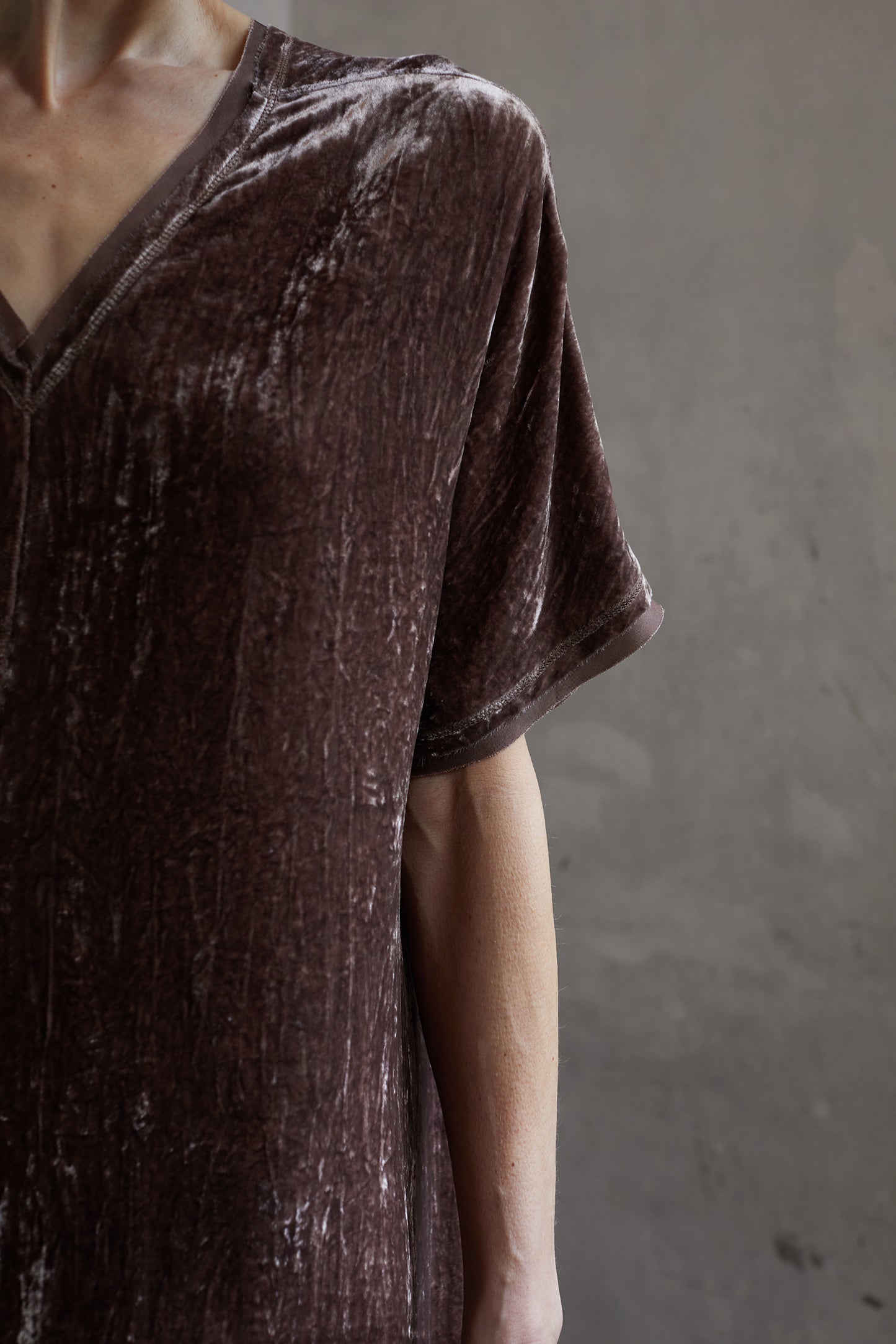 Botanically dyed mulberry silk velour V-neck structured ruffle dress