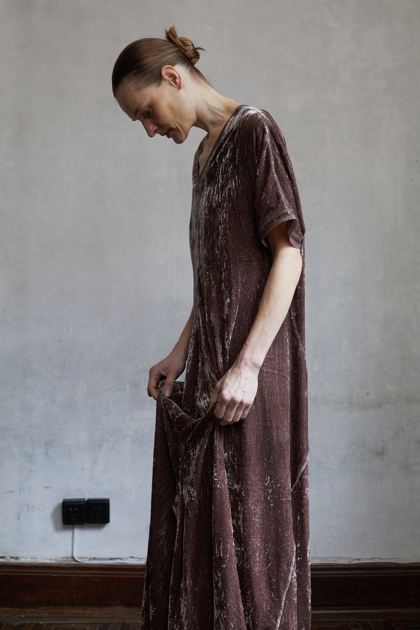 Botanically dyed mulberry silk velour V-neck structured ruffle dress