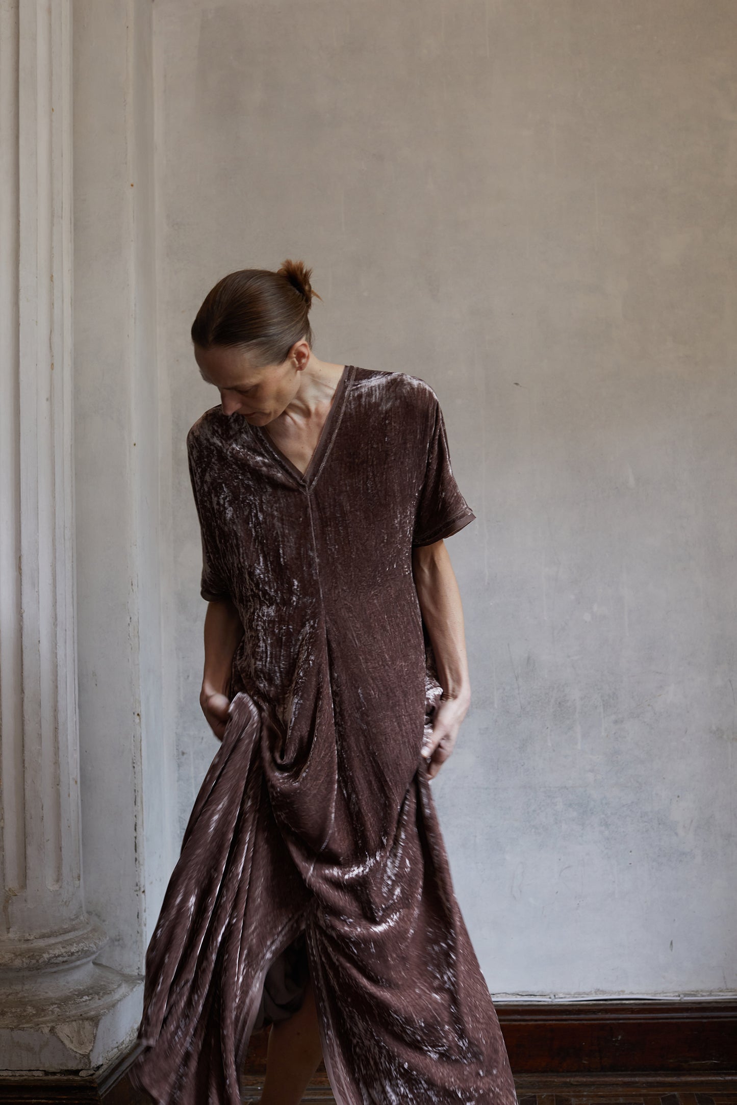 Botanically dyed mulberry silk velour V-neck structured ruffle dress