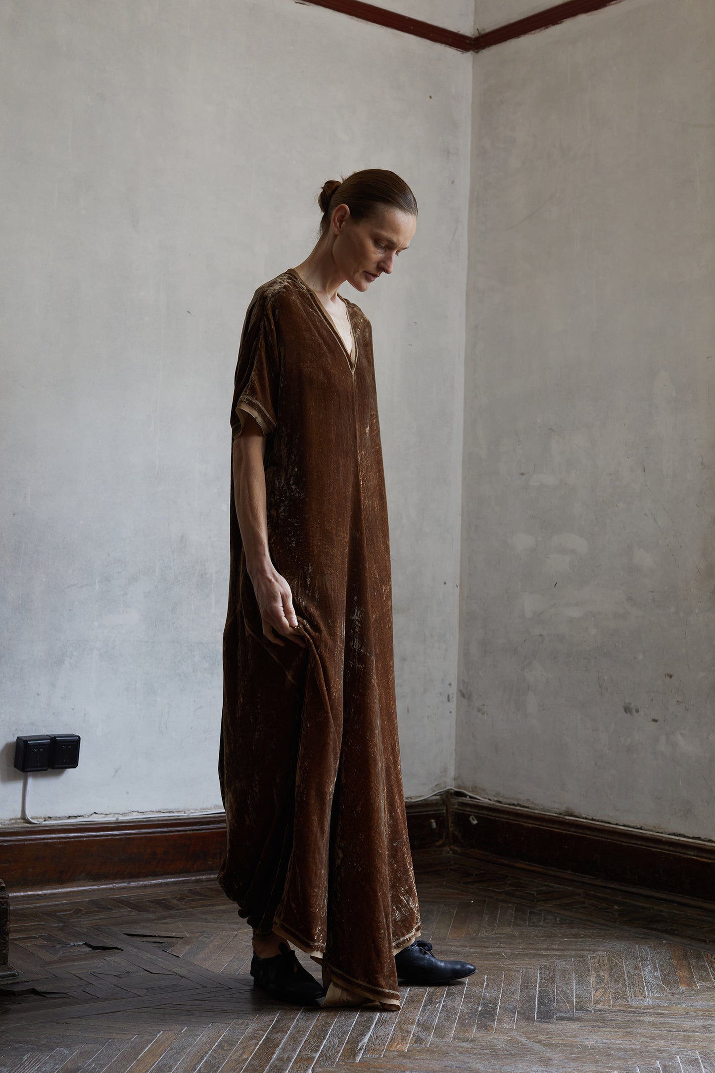 Botanically dyed mulberry silk velour V-neck structured ruffle dress