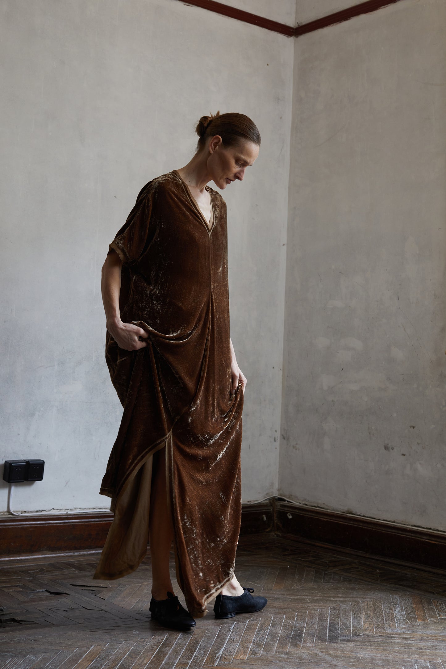 Botanically dyed mulberry silk velour V-neck structured ruffle dress