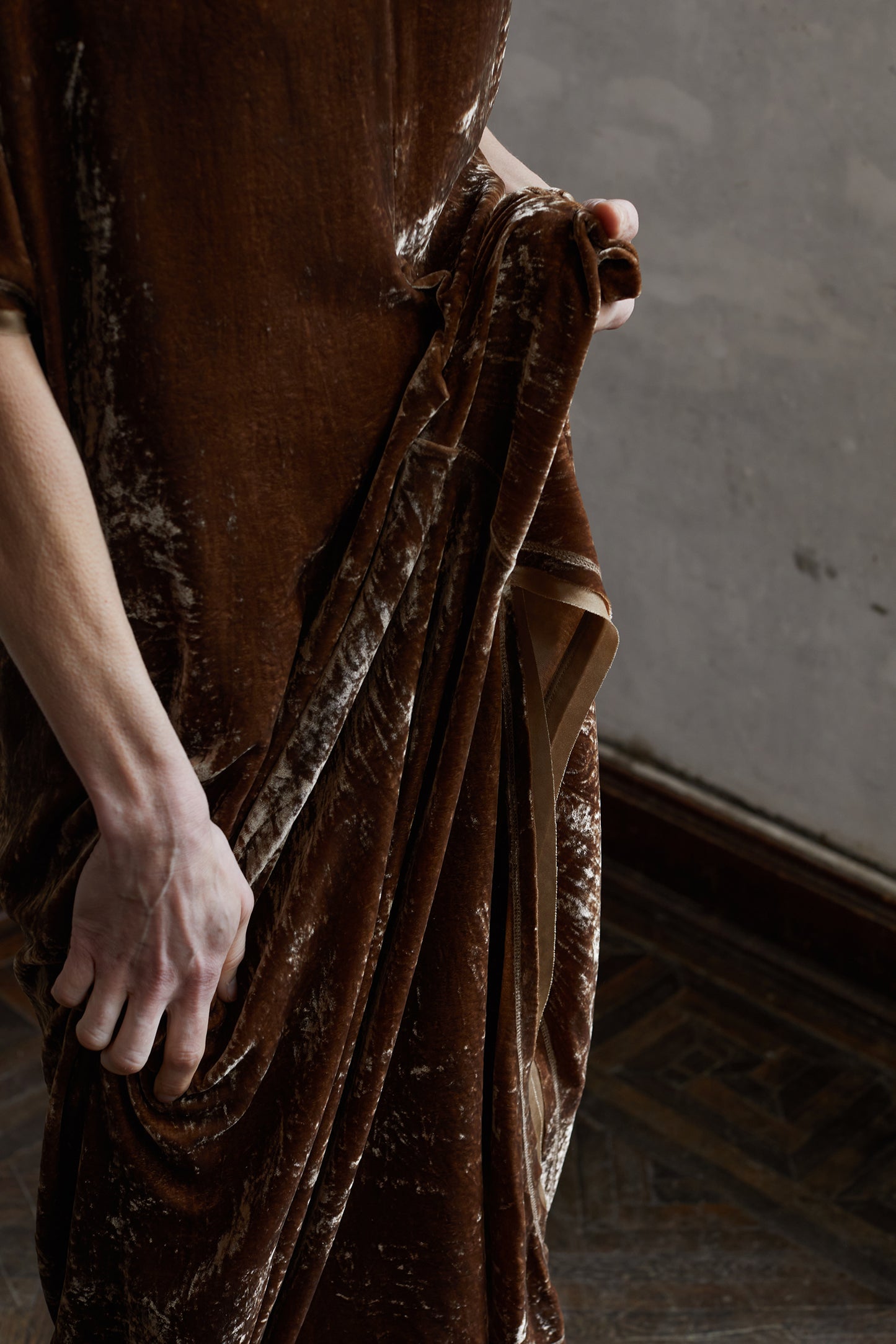 Botanically dyed mulberry silk velour V-neck structured ruffle dress