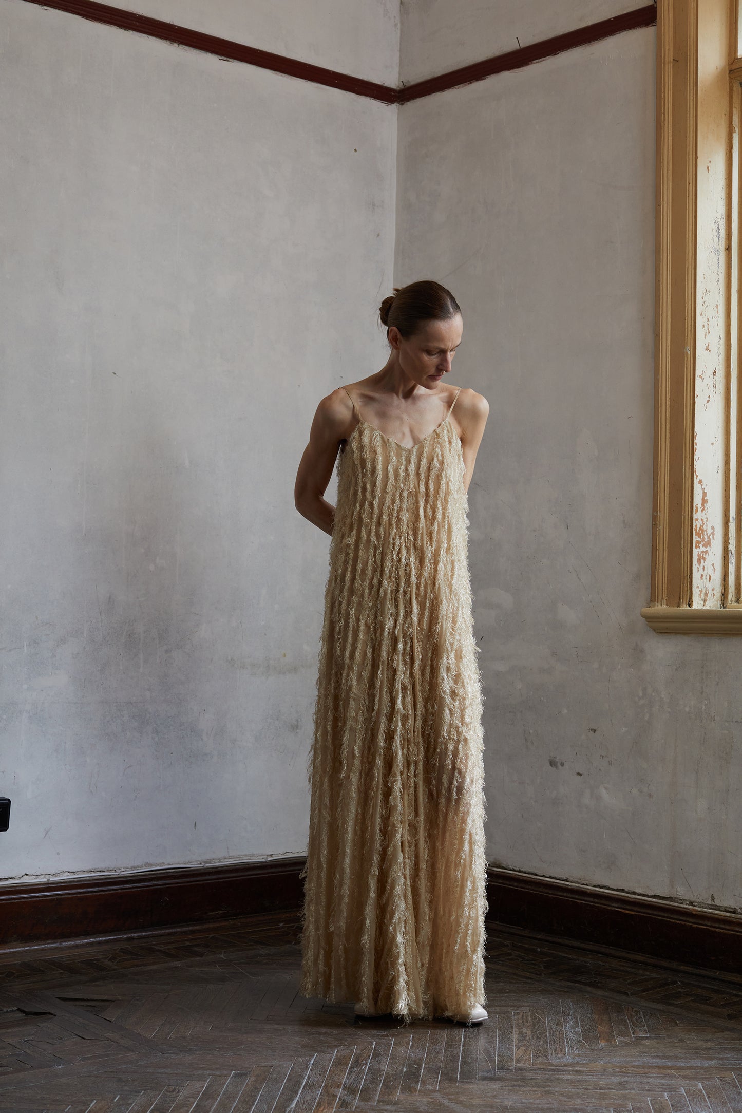 Fringe Dirty Dye Mulberry Silk Halter Dress