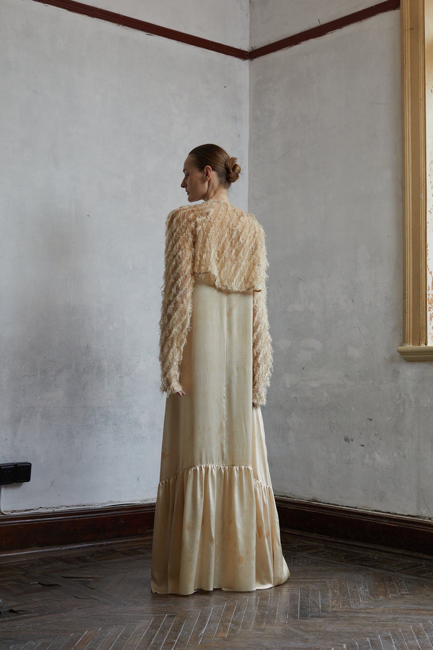 Fringed, dirty-dyed mulberry silk mini jacket