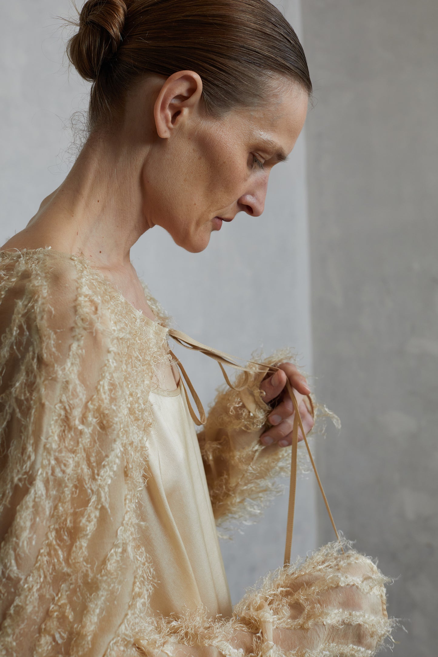 Fringed, dirty-dyed mulberry silk mini jacket