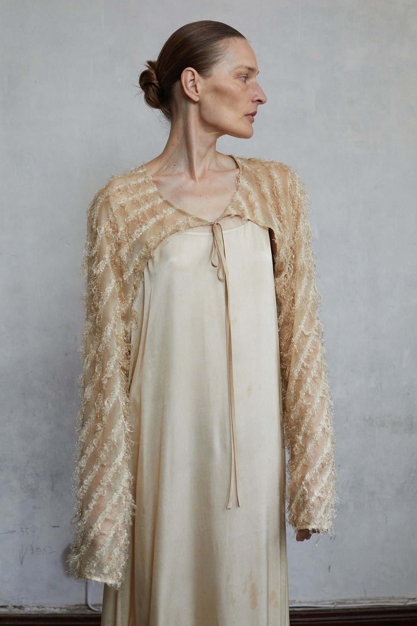 Fringed, dirty-dyed mulberry silk mini jacket