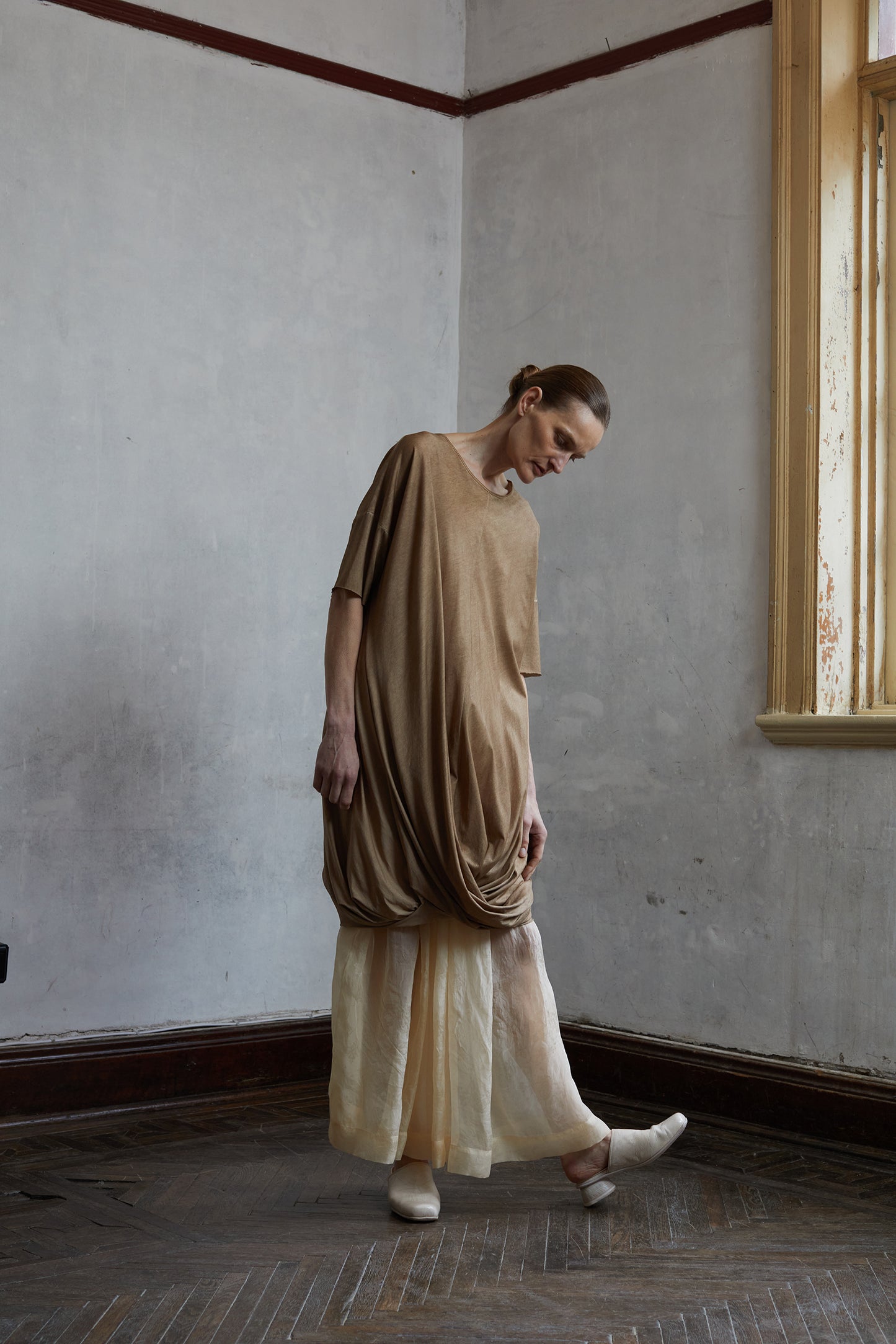 Dirty Dyed Mulberry Silk Knit Shape Long T-Shirt