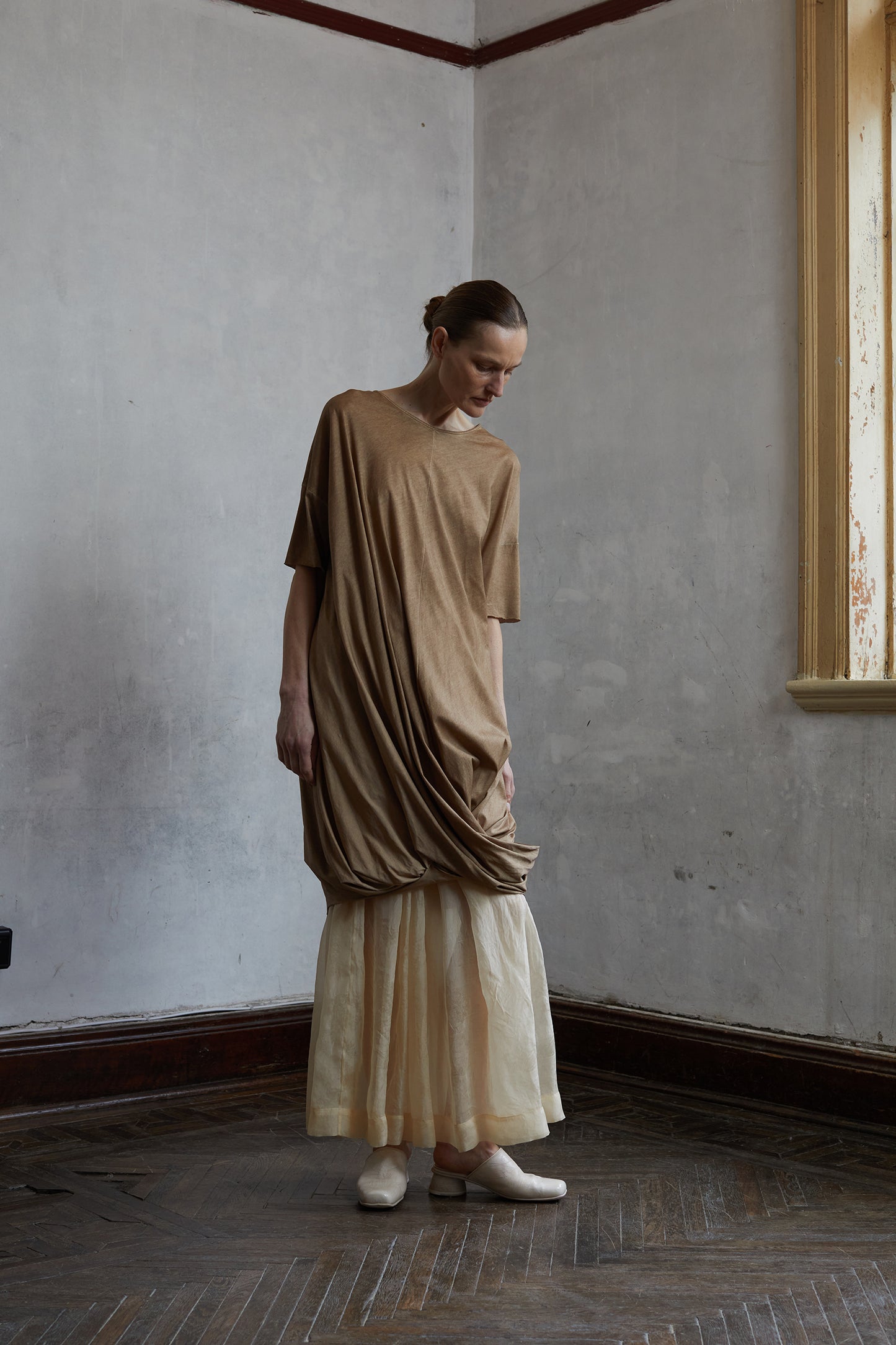 Dirty Dyed Mulberry Silk Knit Shape Long T-Shirt
