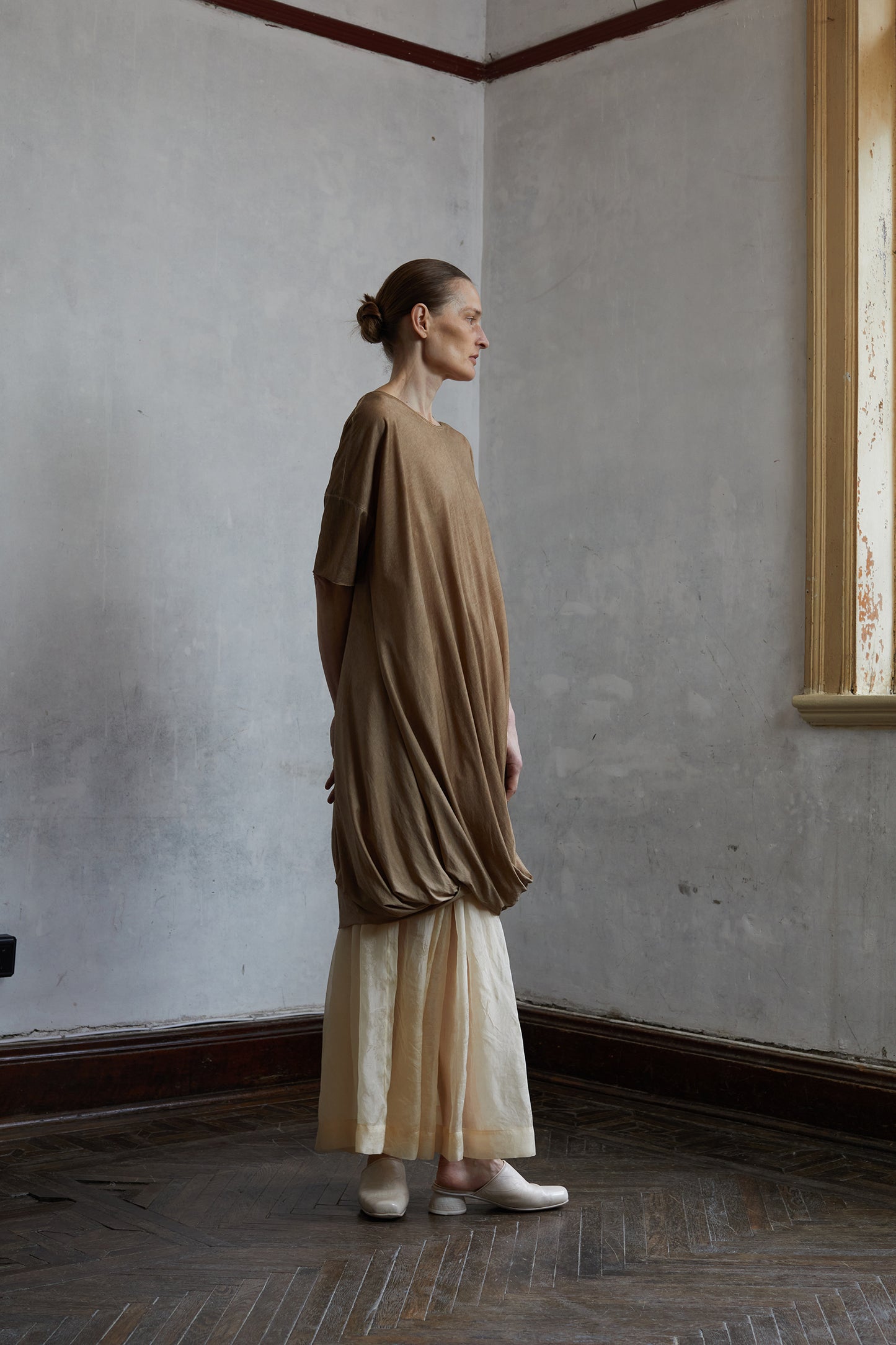 Dirty Dyed Mulberry Silk Knit Shape Long T-Shirt
