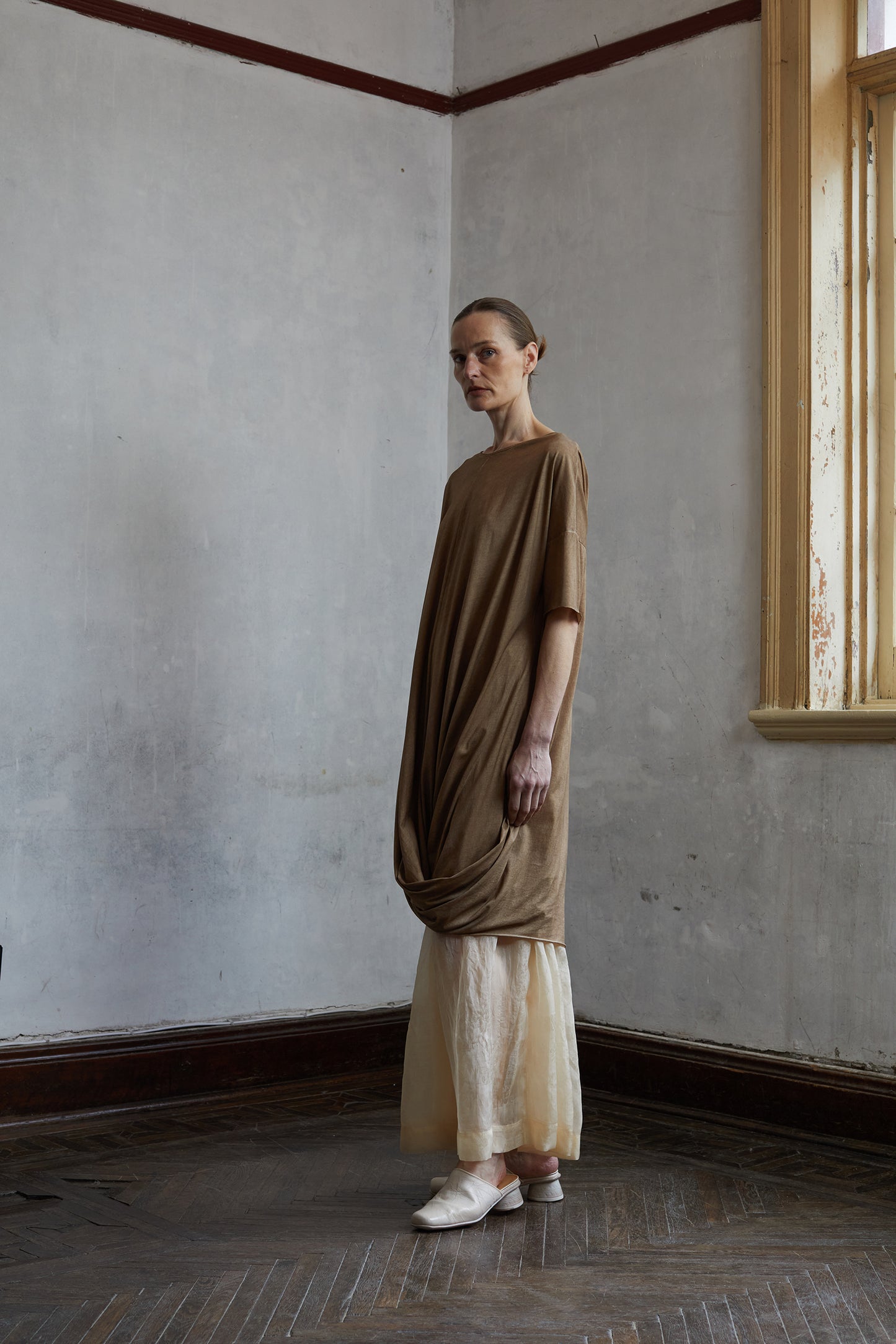 Dirty Dyed Mulberry Silk Knit Shape Long T-Shirt