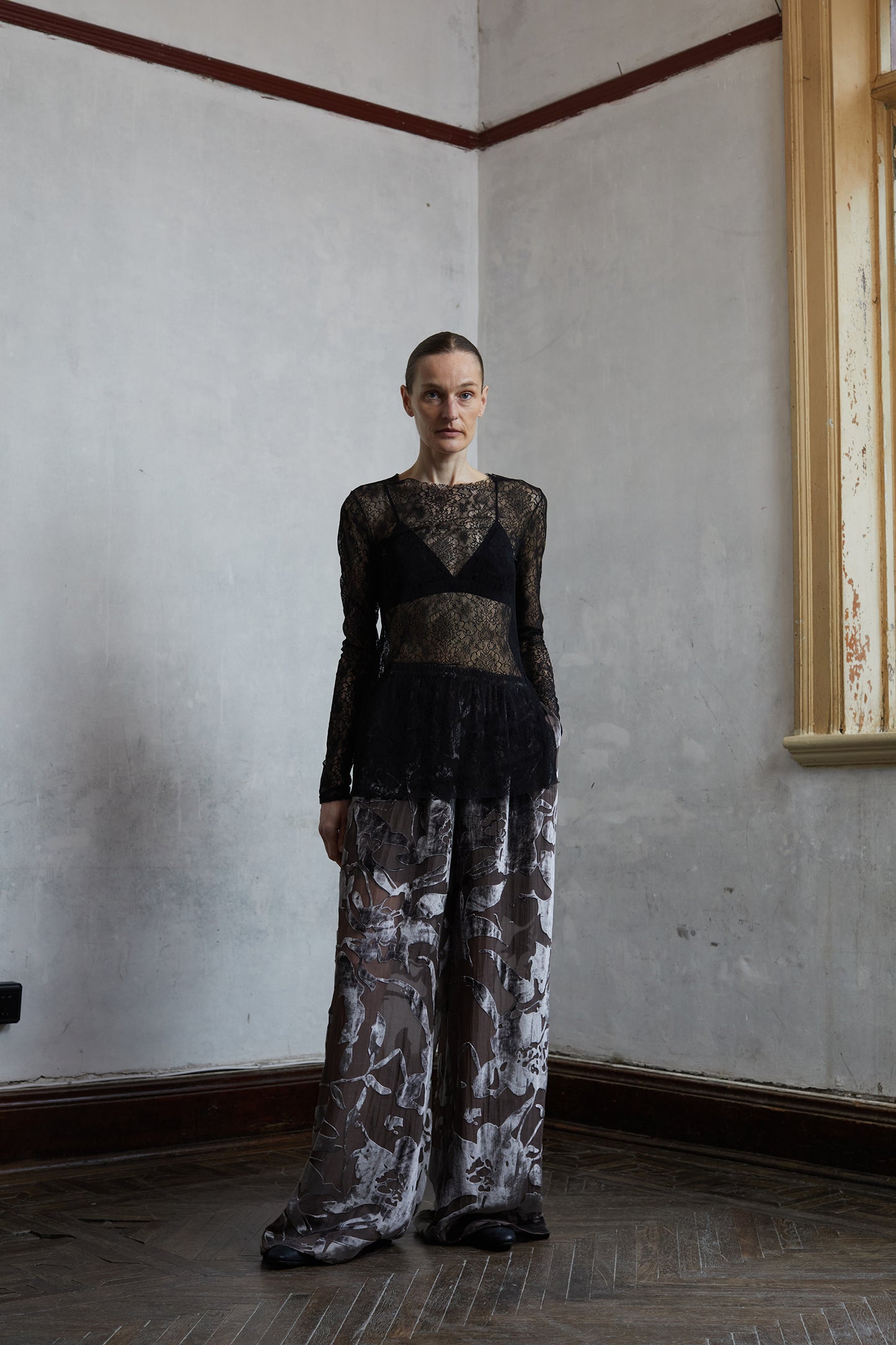 Silk Organza Burnout Layered Camisole Skirt and Pants Set