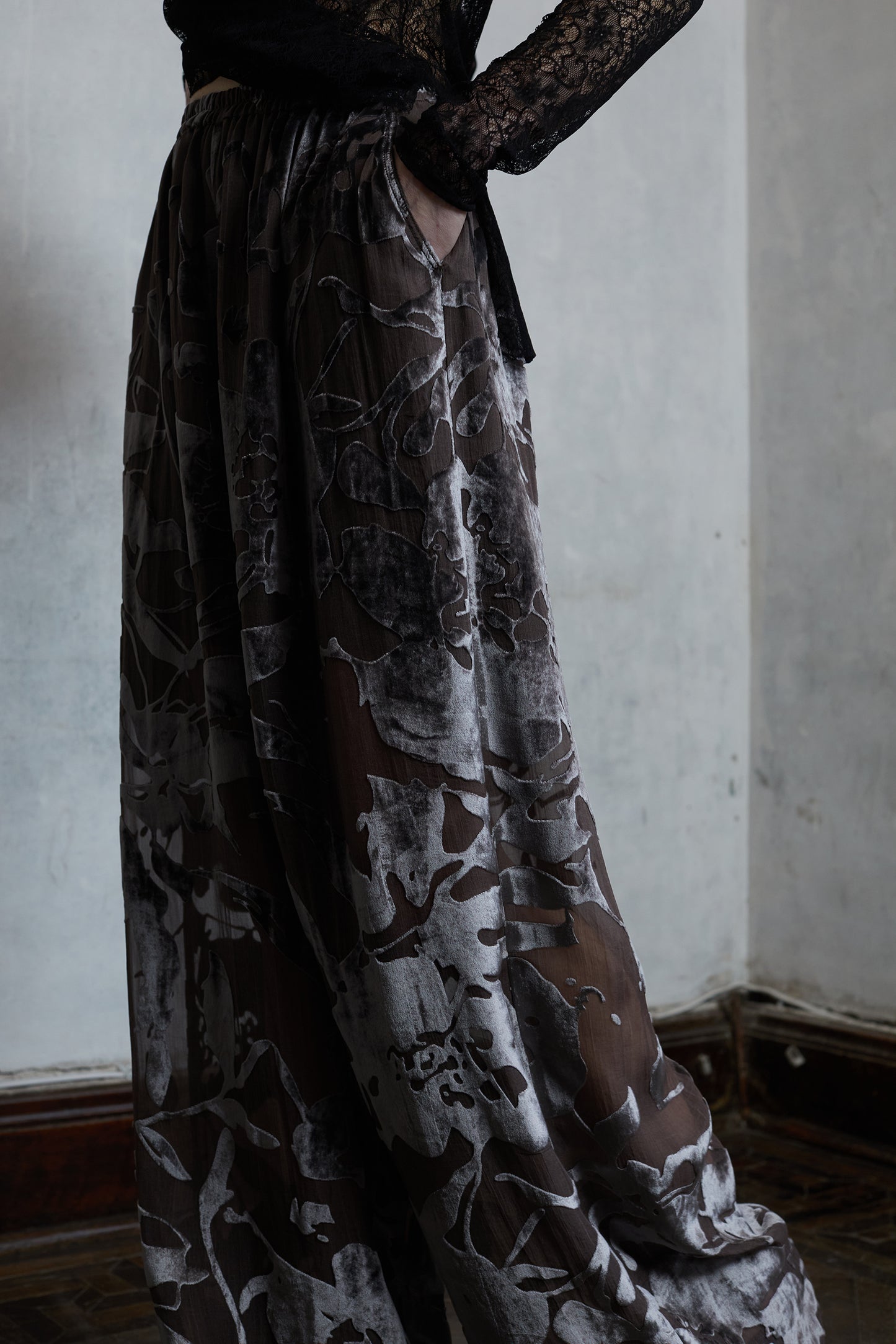 Silk Organza Burnout Layered Camisole Skirt and Pants Set