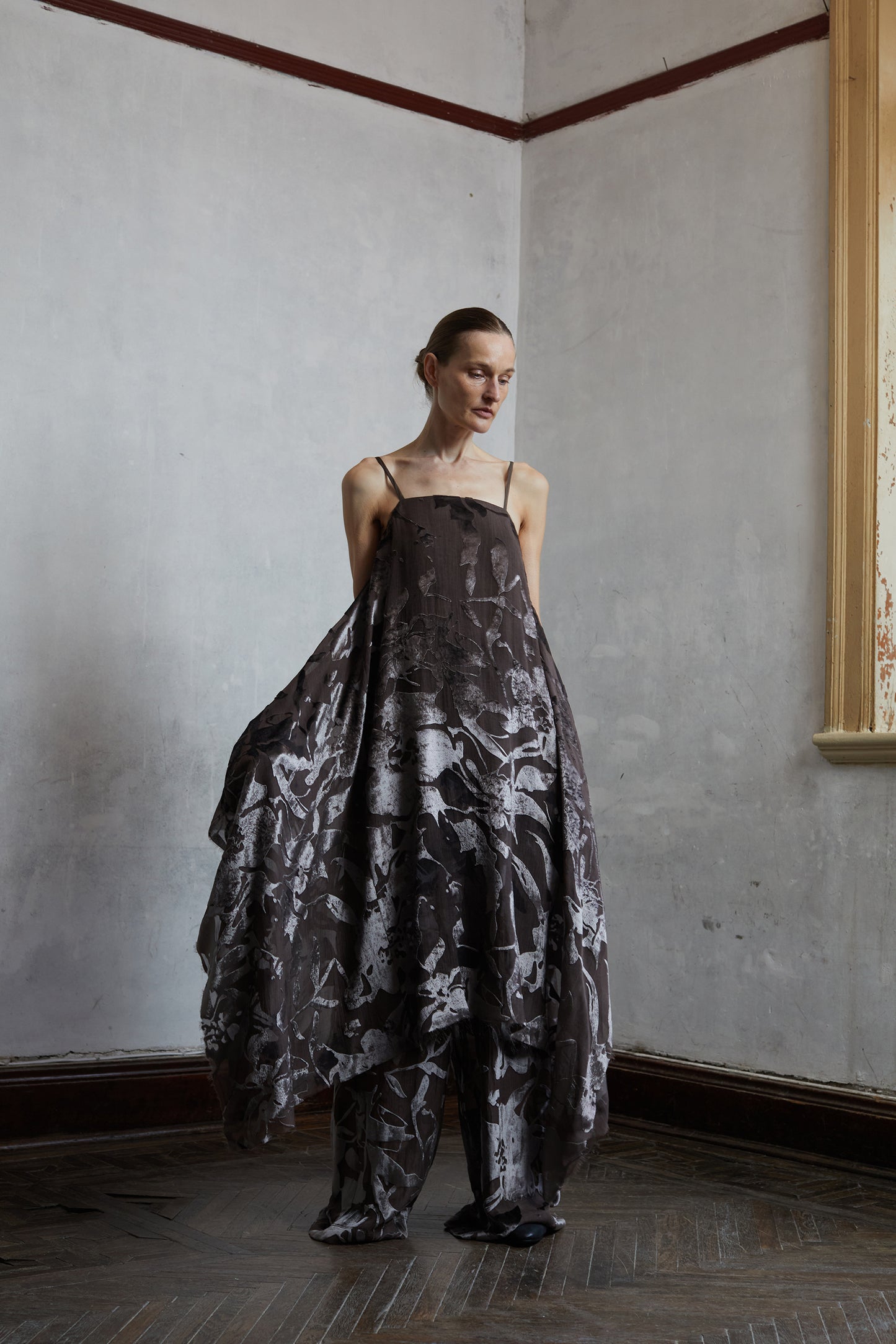 Silk Organza Burnout Layered Camisole Skirt and Pants Set