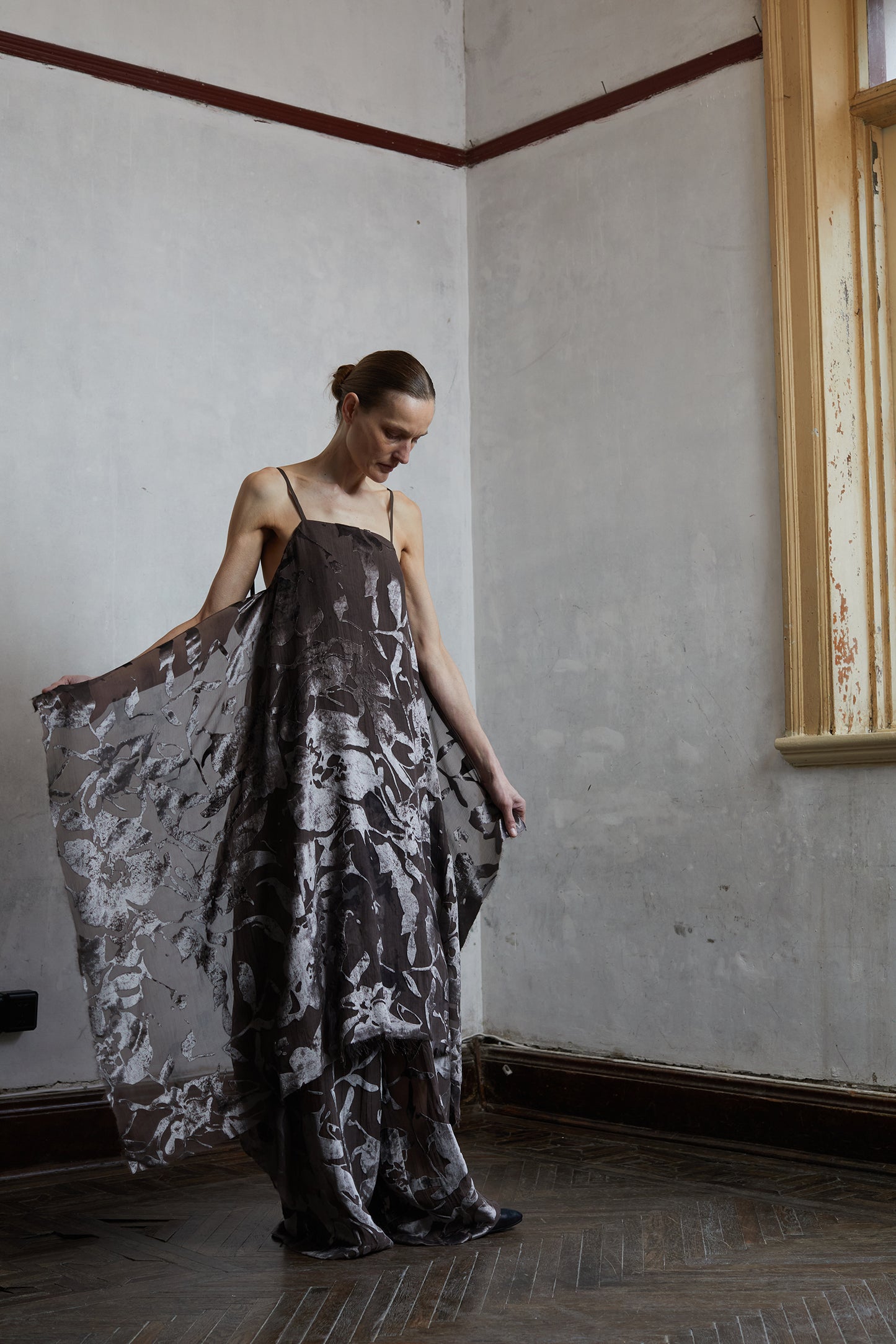 Silk Organza Burnout Layered Camisole Skirt and Pants Set
