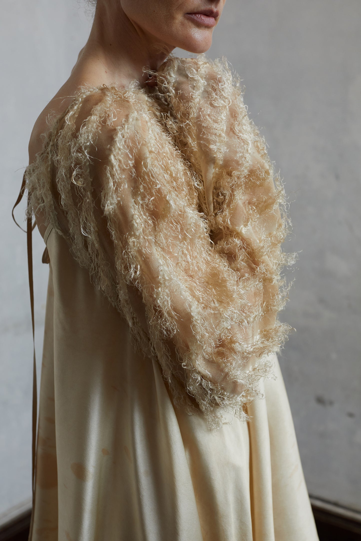Fringed, dirty-dyed mulberry silk mini jacket